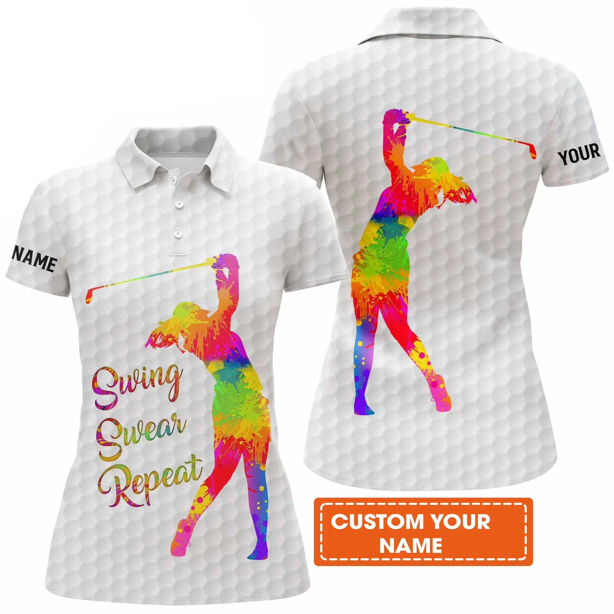 Golf Custom Name Women Polo Shirt, Black & White Watercolor Swing Swear Repeat Personalized Women Polo Shirt - Gift For Ladies, Golf Lovers, Golfers - Image 2