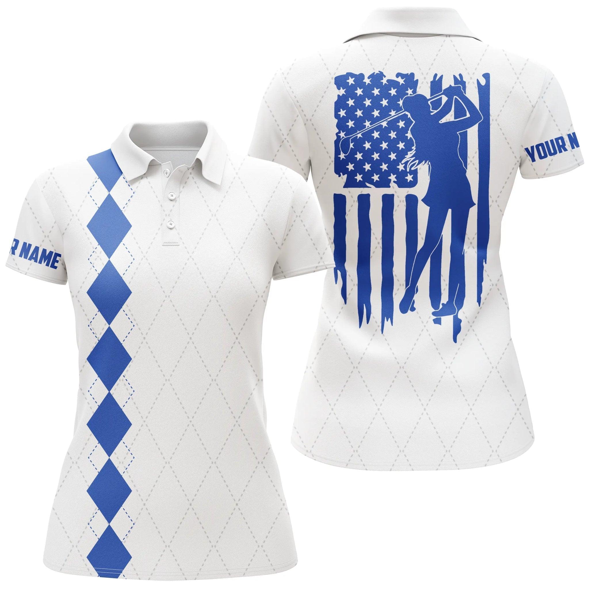 Golf Custom Name Women Polo Shirt, Blue American Flag Patriotic Personalized Women Polo Shirts, Best Golfing Gift For Ladies, Golfers, Golf Lovers - Image 4