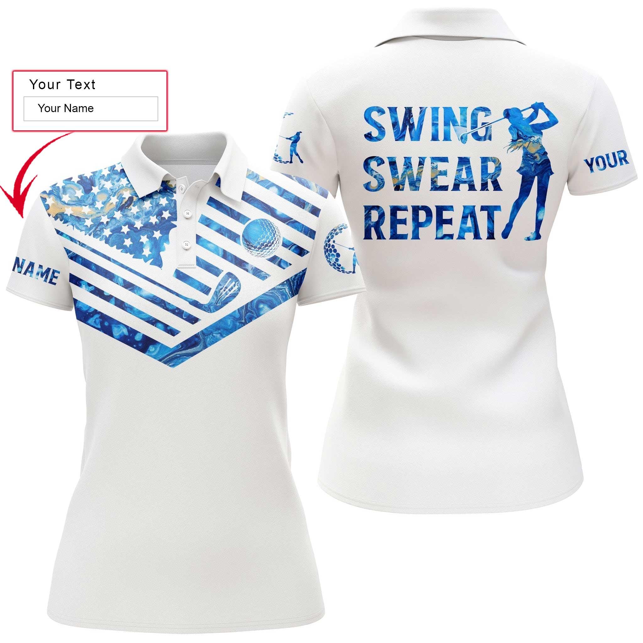Golf Custom Name Women Polo Shirt, Blue Pattern American Flag, Swing Swear Repeat Personalized Women Polo Shirts, Gift For Ladies, Golfers, Golf Lover