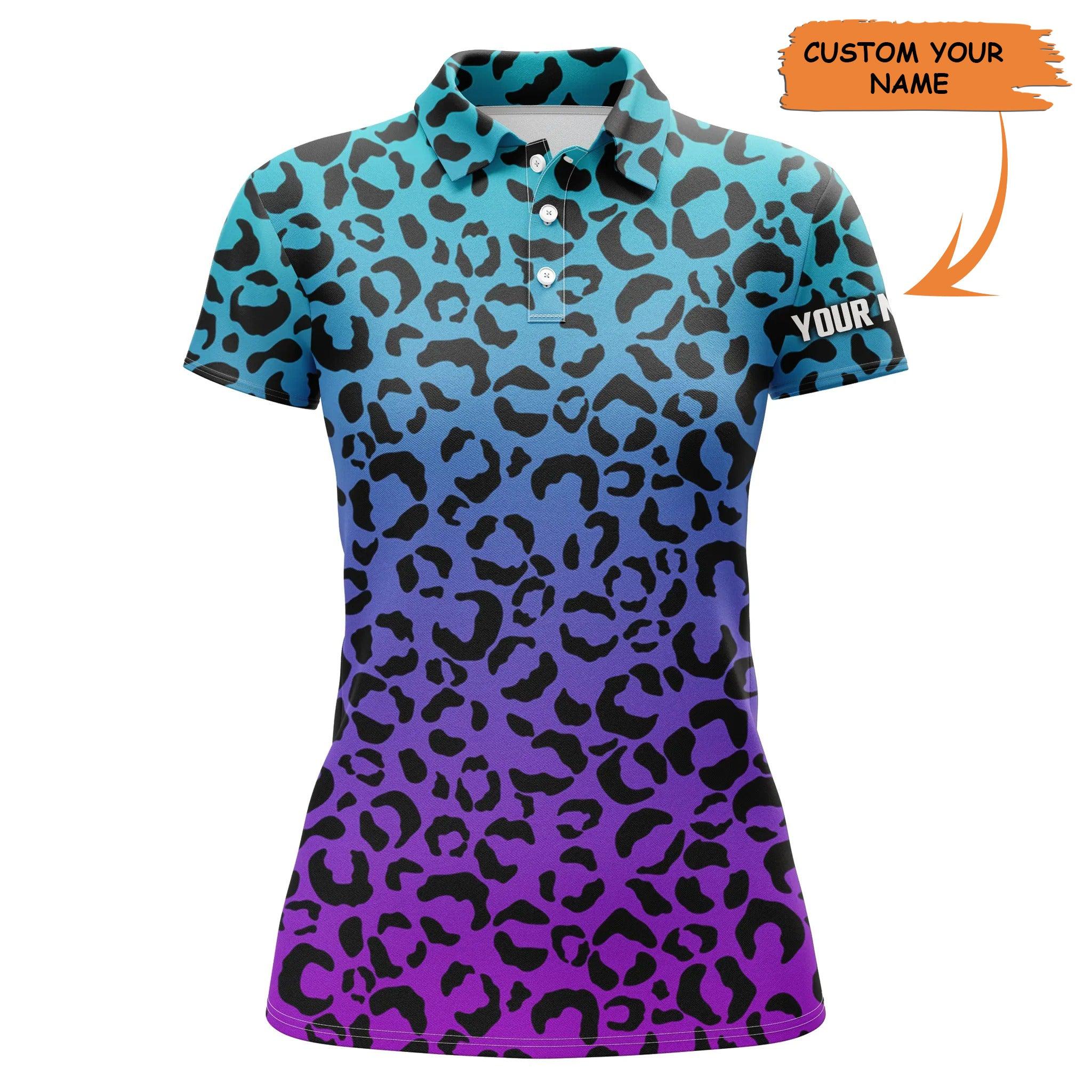 Golf Custom Name Women Polo Shirt, Blue Purple Neon Leopard Pattern Personalized Women Polo Shirt - Perfect Gift For Ladies, Golf Lovers, Golfers