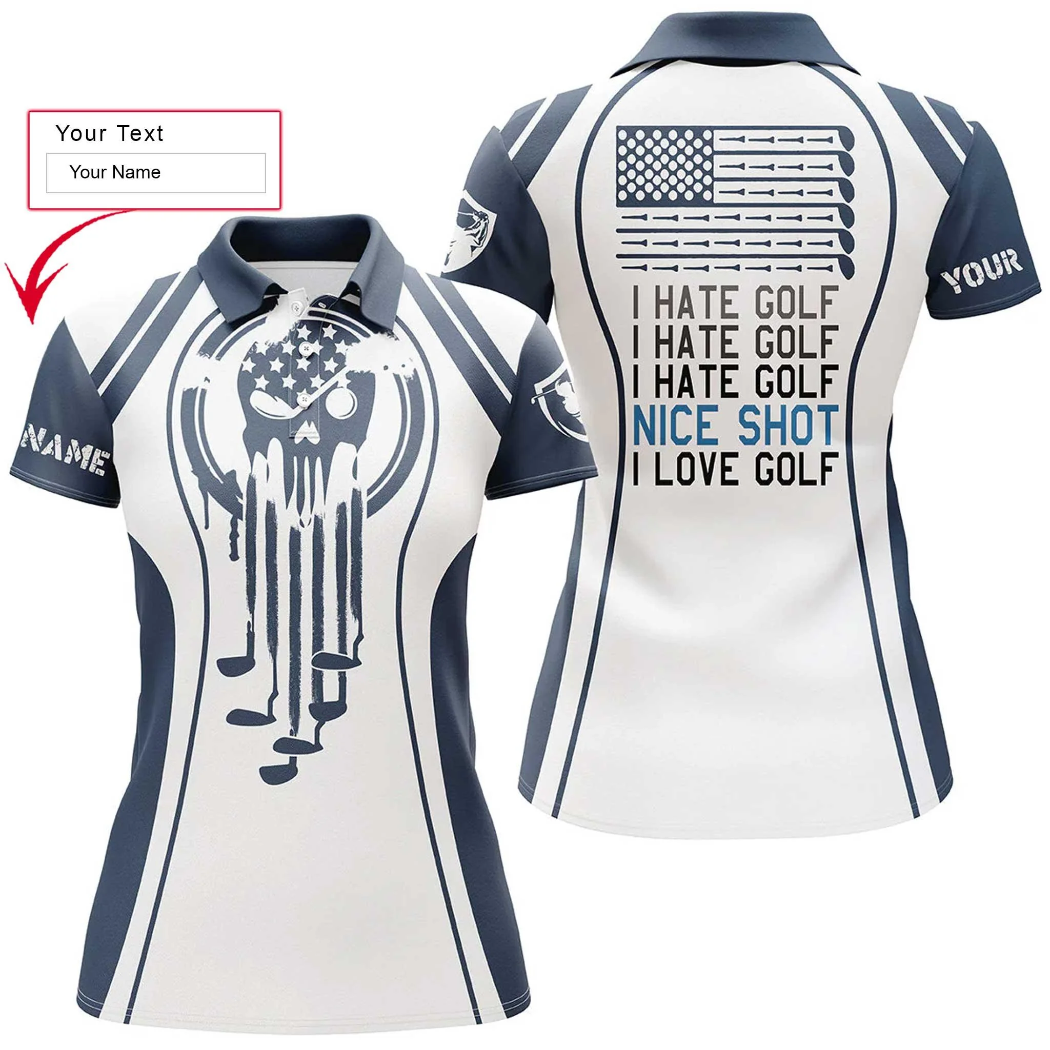 Golf Custom Name Women Polo Shirt, Blue Skull I Hate Golf Nice Shot I Love Golf Personalized Women Polo Shirts, Gift For Ladies, Golfers, Golf Lovers