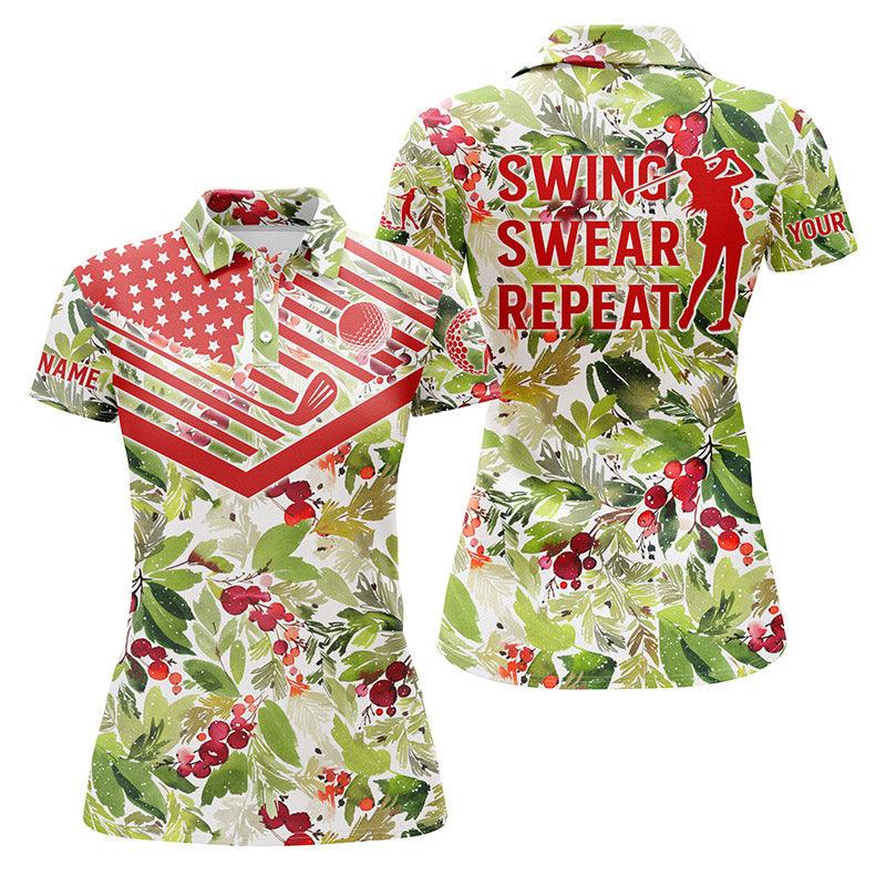 Golf Custom Name Women Polo Shirt, Christmas Pattern American Flag, Swing Swear Repeat Golf Personalized Women Polo Shirts, Gift For Ladies, Golfers - Image 2