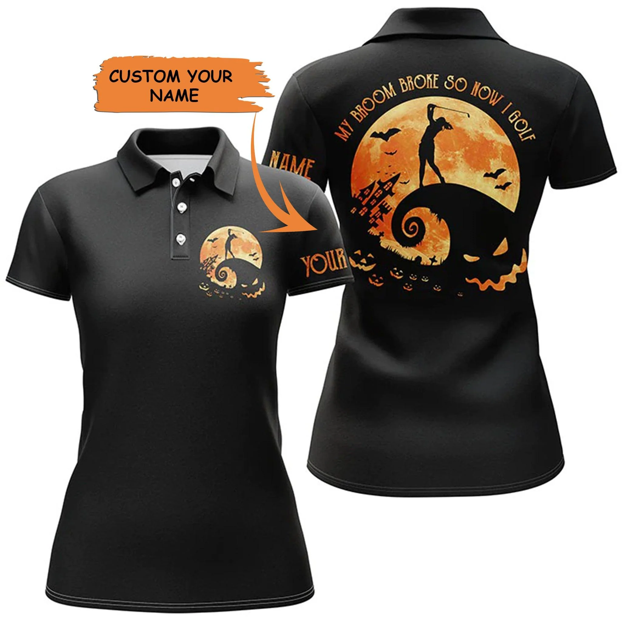 Golf Custom Name Women Polo Shirt, Funny Black Halloween My Broom Broke Personalized Women Polo Shirt - Perfect Gift For Ladies, Golf Lovers, Golfers