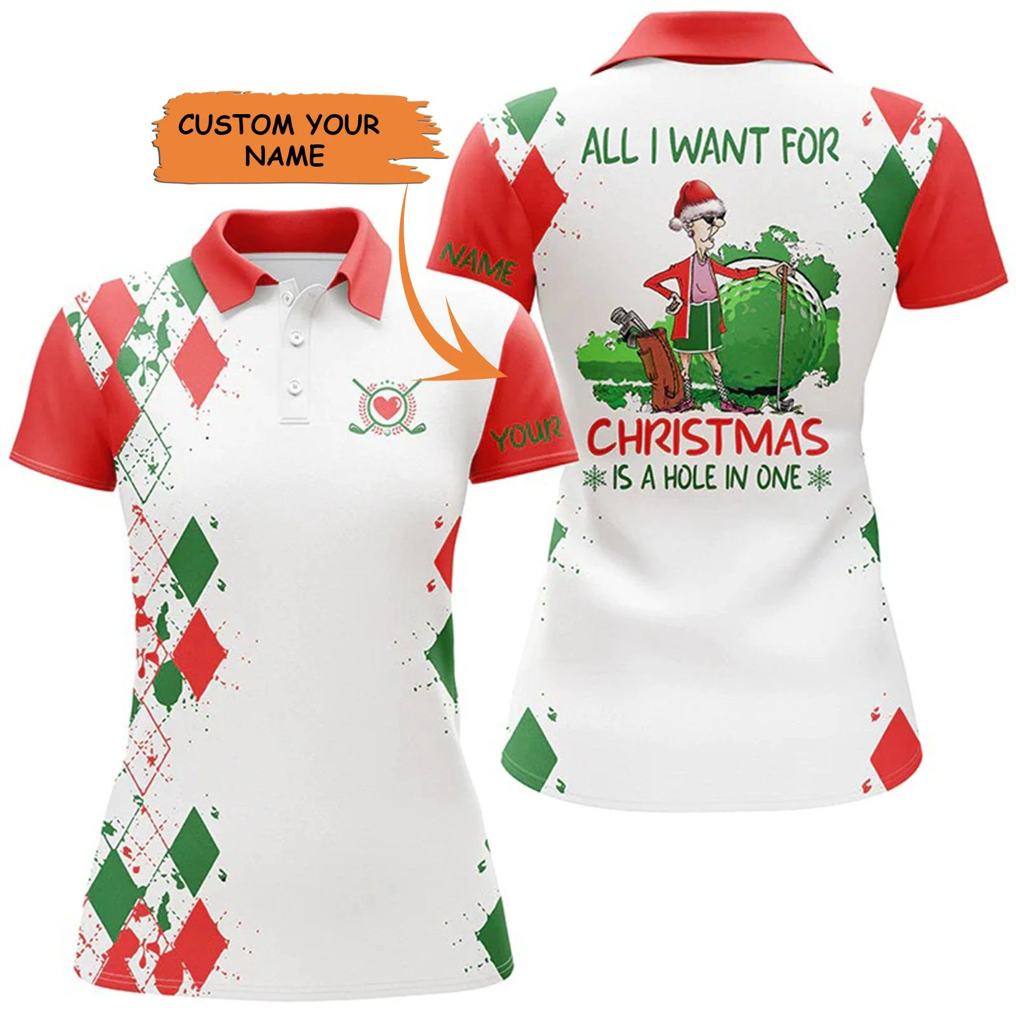 Golf Custom Name Women Polo Shirt, Funny Golf Christmas Background Personalized Women Polo Shirt - Perfect Gift For Ladies, Golf Lovers, Golfers