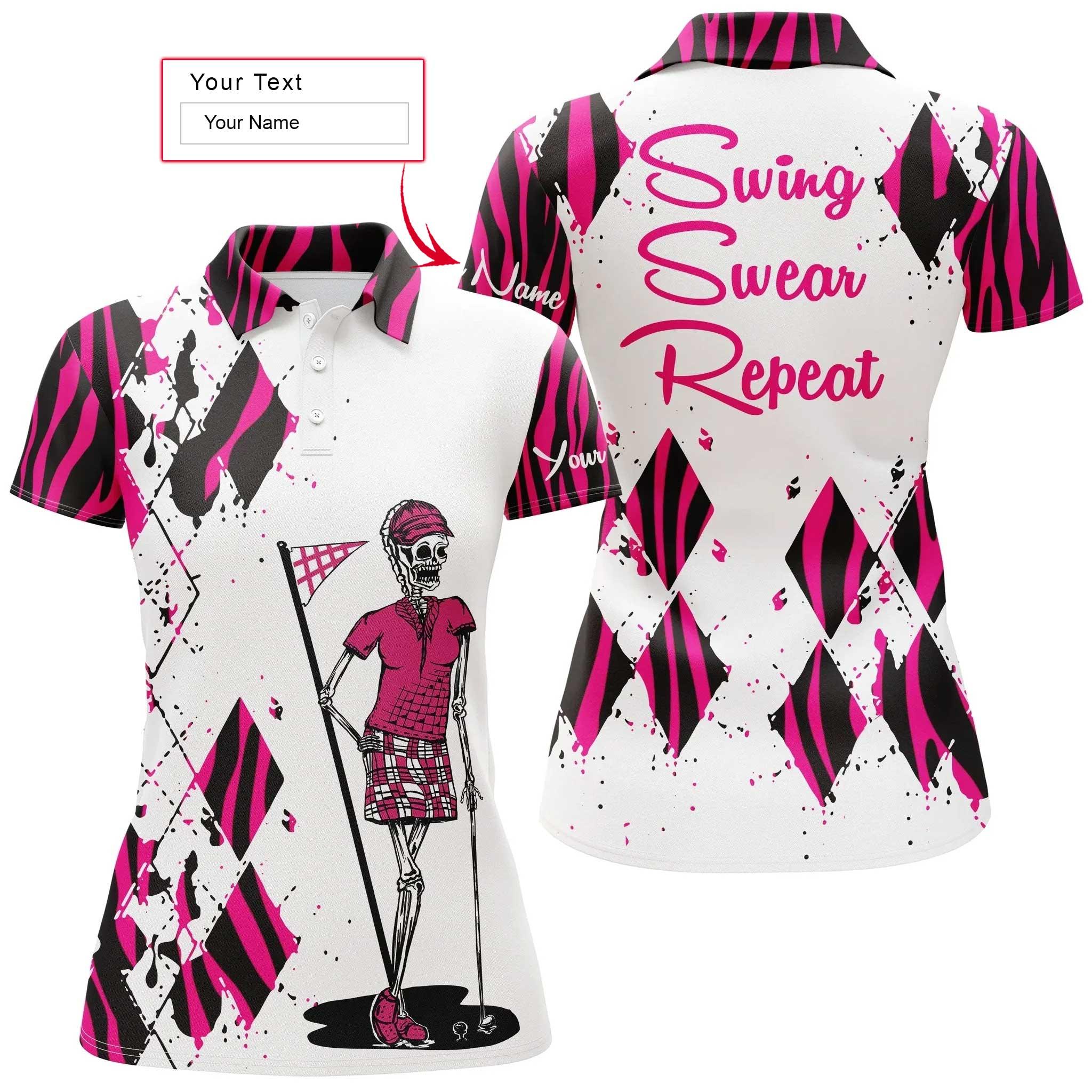 Golf Custom Name Women Polo Shirt, Funny Golf Skull Pink Zebra Pattern Swing Swear Repeat Personalized Women Polo Shirts, Gift For Ladies, Golfers