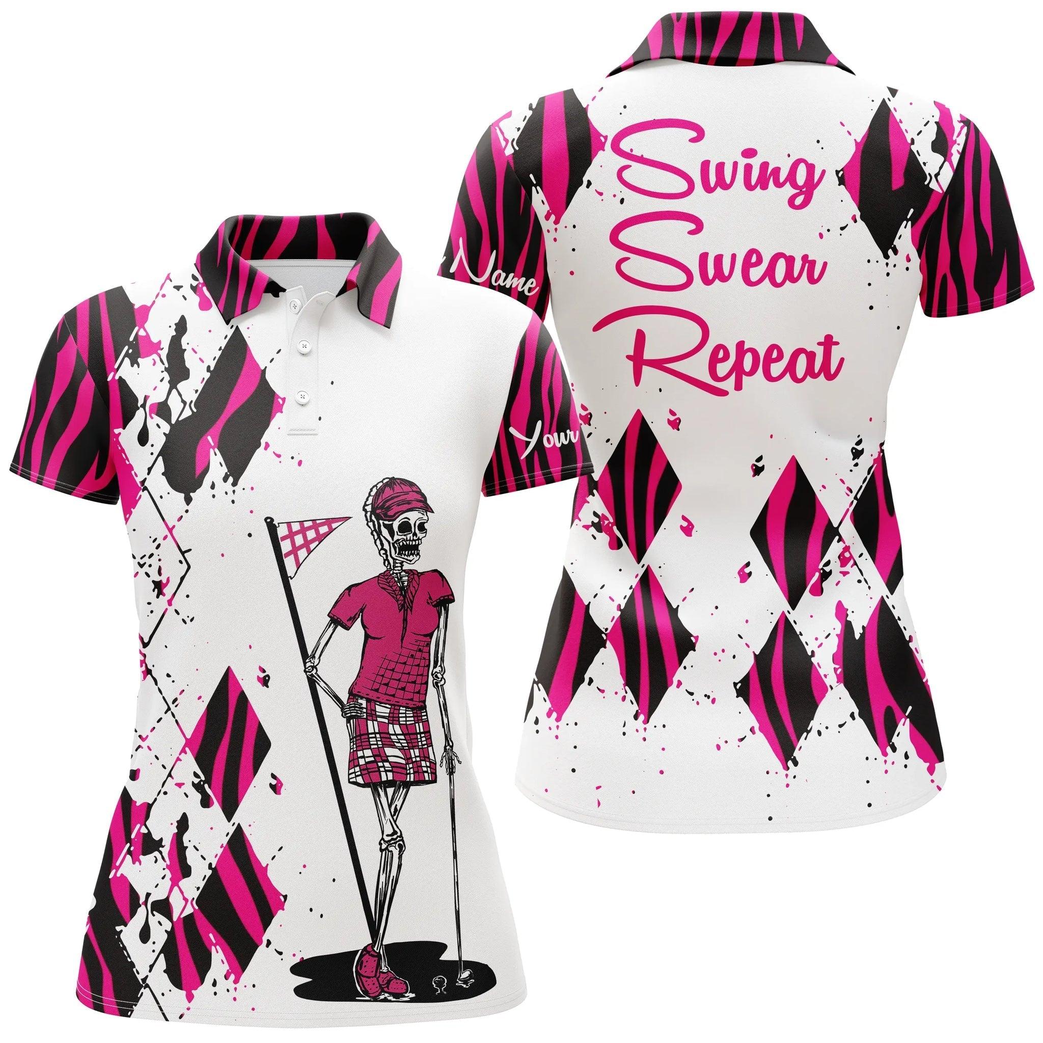 Golf Custom Name Women Polo Shirt, Funny Golf Skull Pink Zebra Pattern Swing Swear Repeat Personalized Women Polo Shirts, Gift For Ladies, Golfers - Image 2