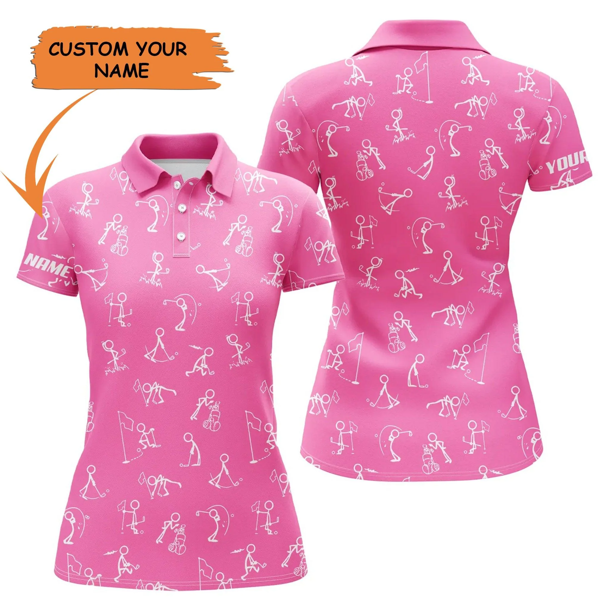 Golf Custom Name Women Polo Shirt, Funny Golf Stick Figure Stickman Pattern Personalized Women Polo Shirt - Gift For Ladies, Golf Lovers, Golfers