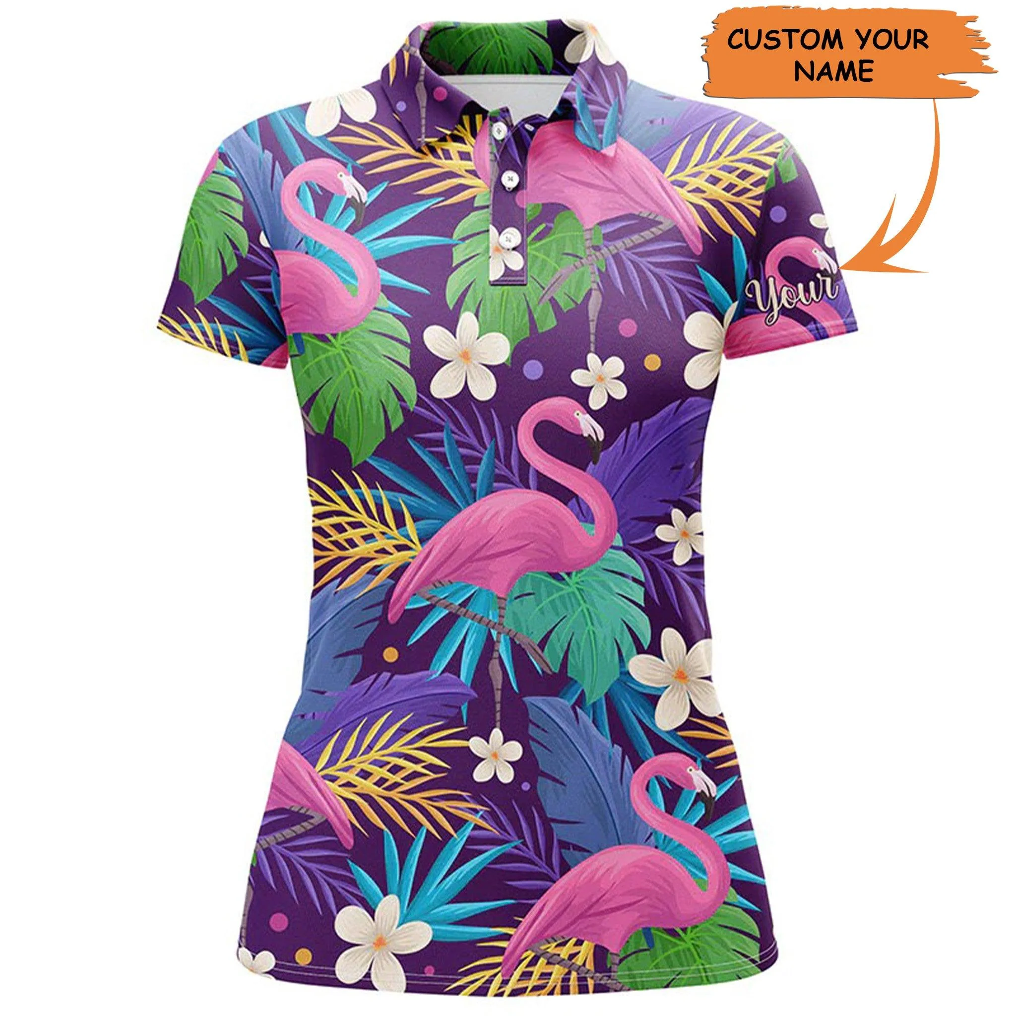 Custom Name Women Polo Shirt, Flamingo Tropical Leaves Pattern Personalized Women Polo Shirt - Perfect Gift For Ladies, Friends, Family