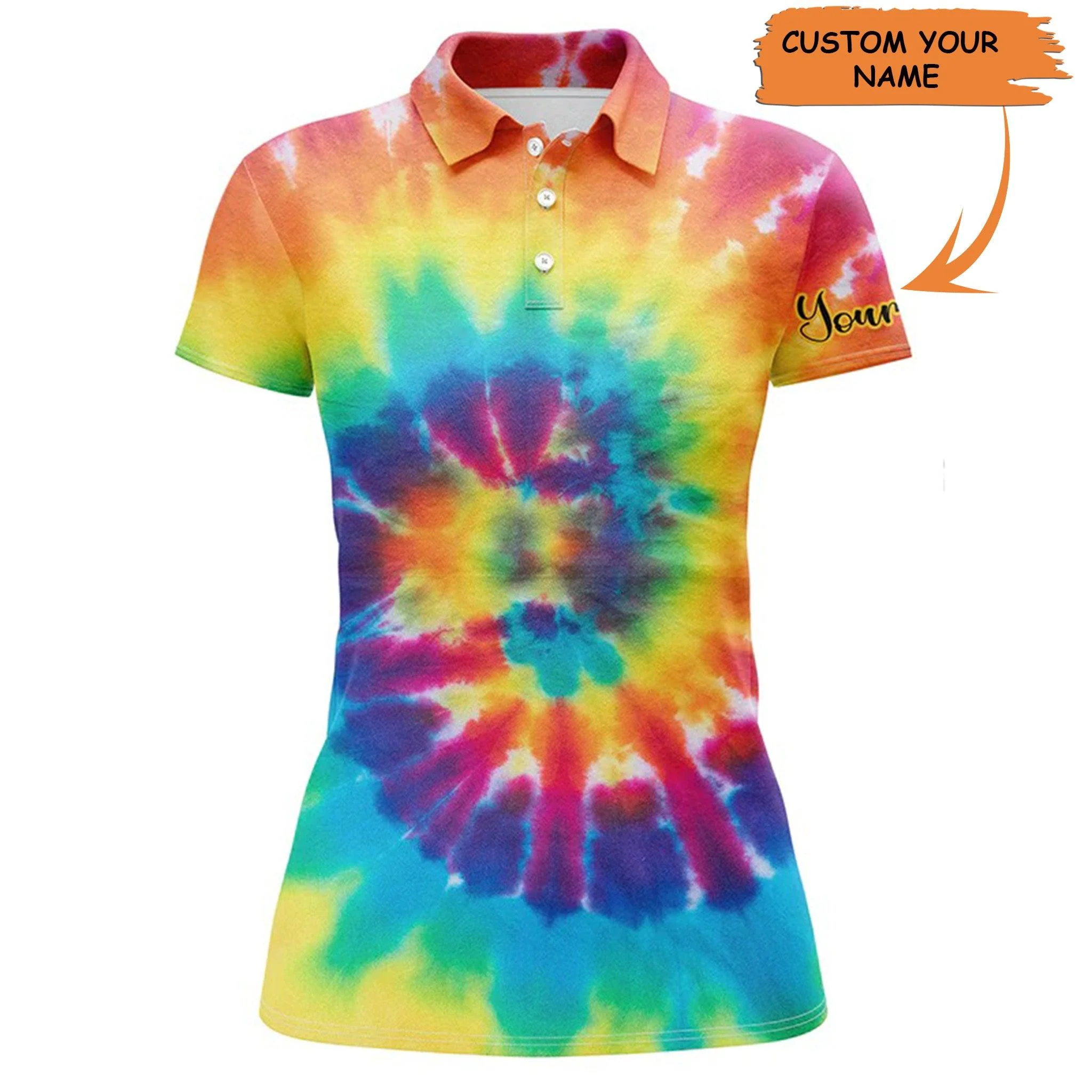 Golf Custom Name Women Polo Shirt, Golf Shirt With Colorful Tie Dye Background Personalized Women Polo Shirt - Gift For Ladies, Golf Lovers, Golfers