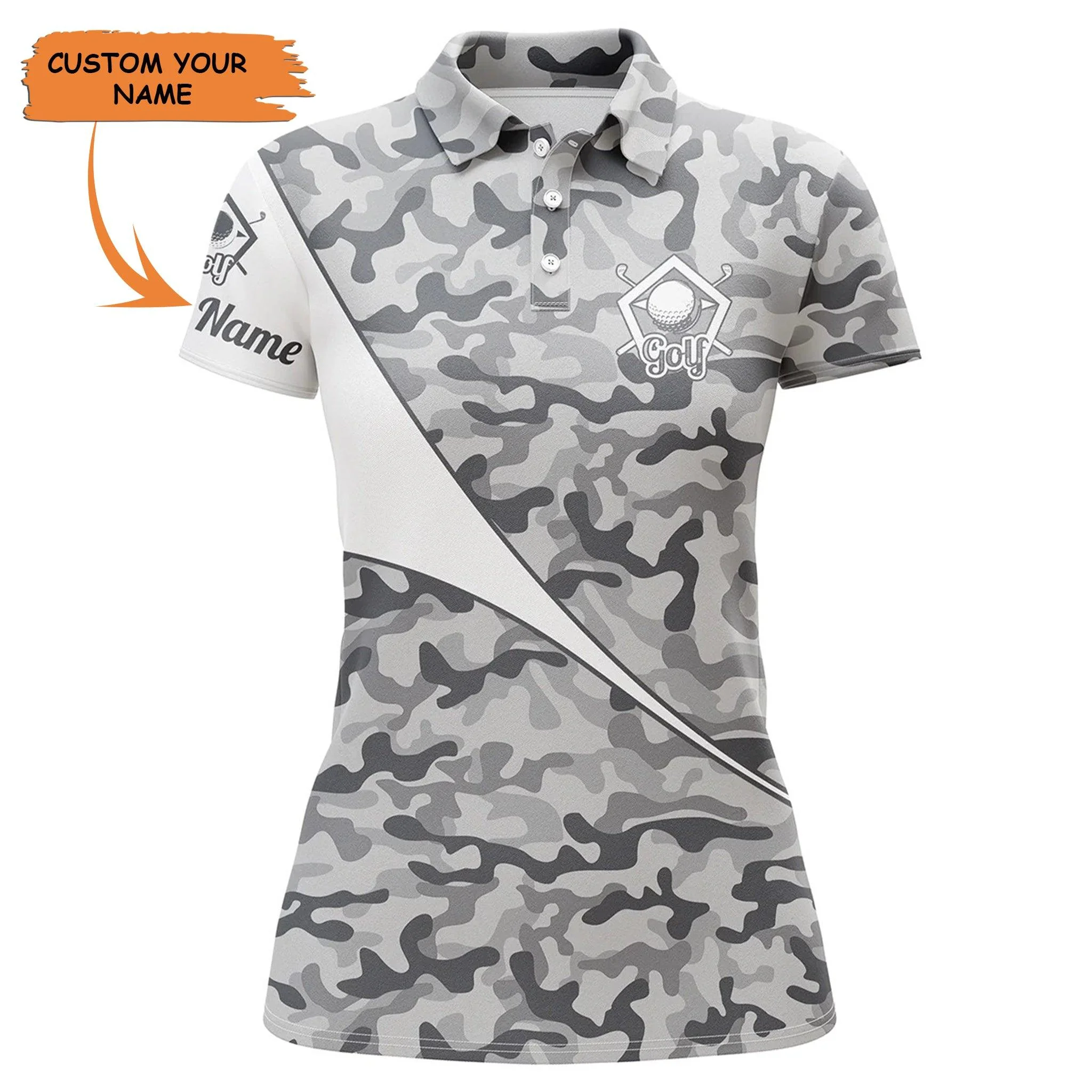 Golf Custom Name Women Polo Shirt, Gray Camo Pattern Personalized Women Polo Shirt - Perfect Gift For Ladies, Girls, Golf Lovers, Golfers