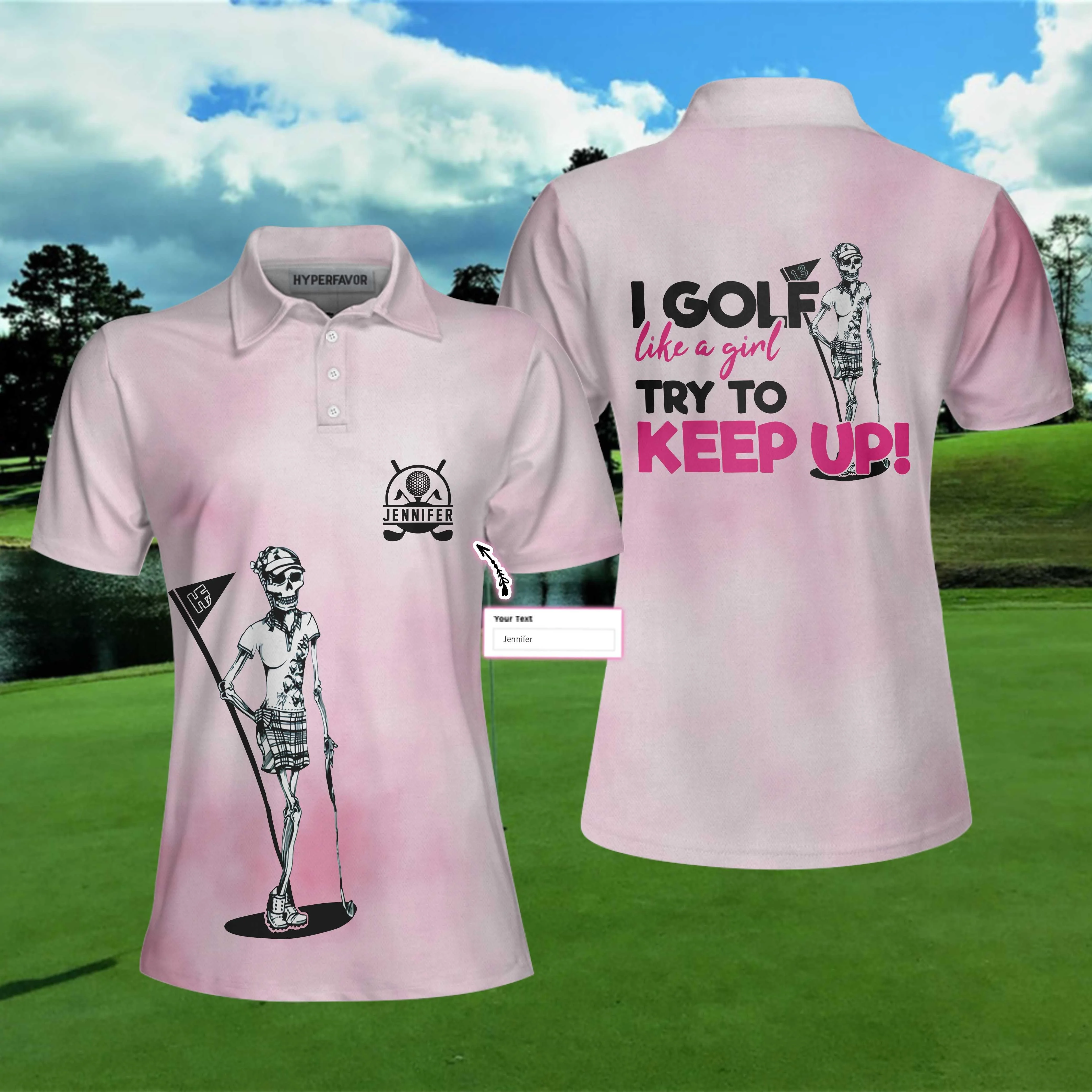 Golf Custom Name Women Polo Shirt, I Golf Like A Girl Try To Keep Up, Tie Dye Pink Skull Personalized Women Polo Shirts, Gift For Ladies, Golfers