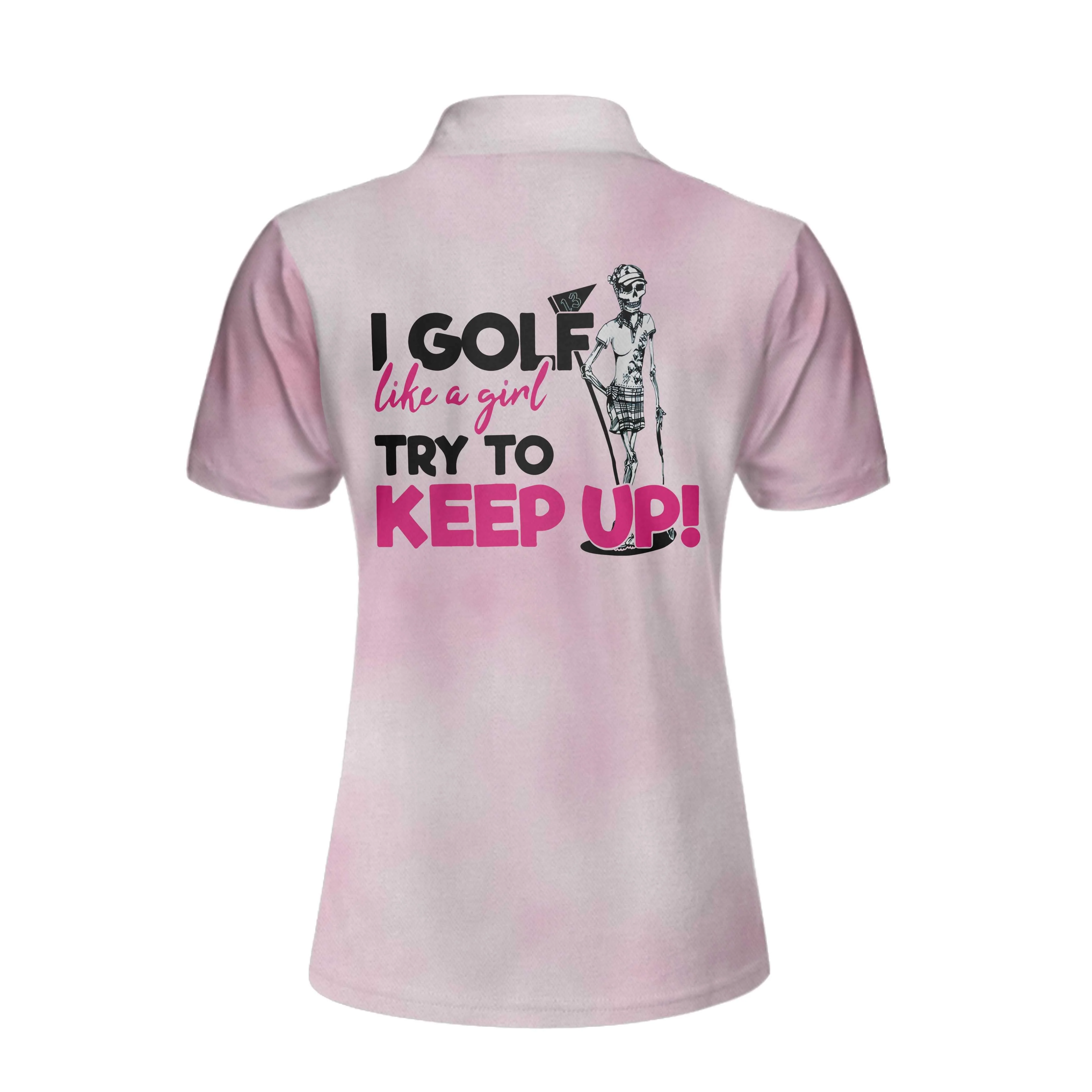 Golf Custom Name Women Polo Shirt, I Golf Like A Girl Try To Keep Up, Tie Dye Pink Skull Personalized Women Polo Shirts, Gift For Ladies, Golfers - Image 2