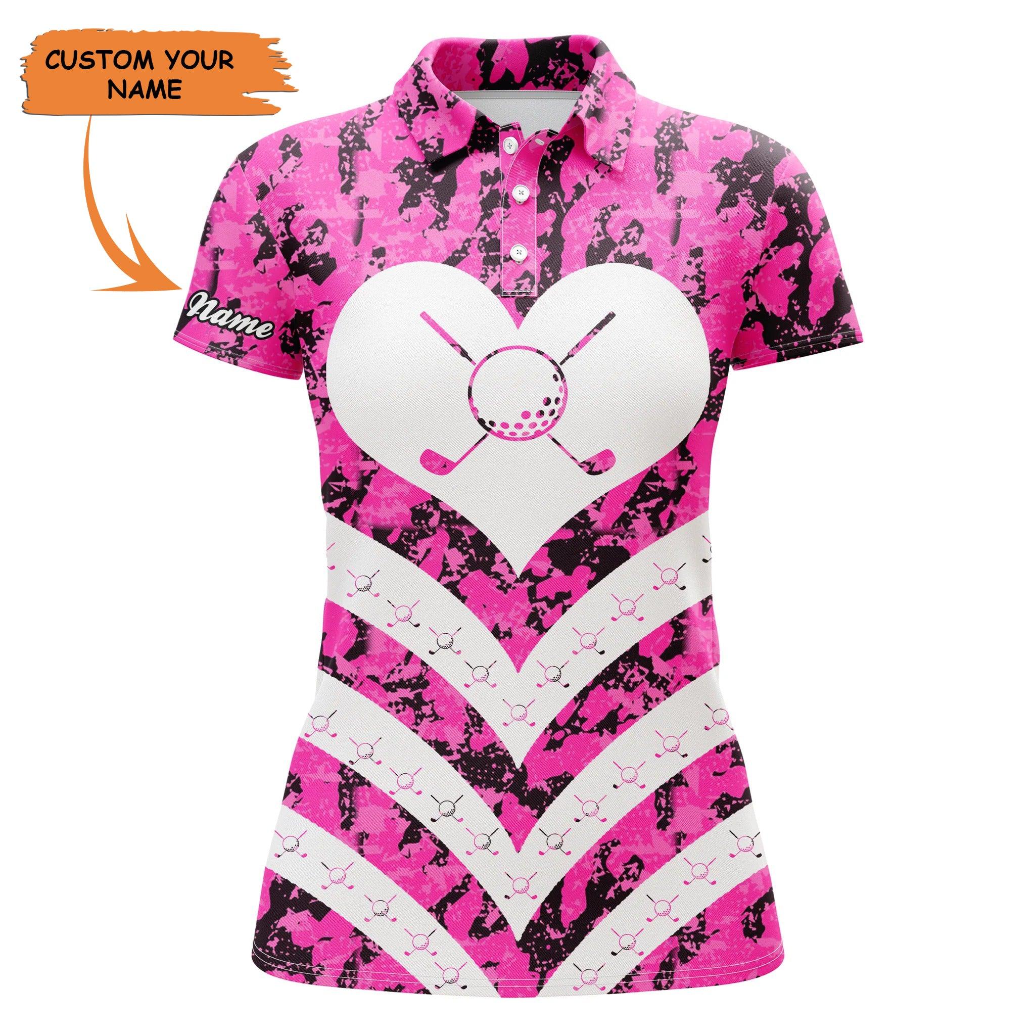 Golf Custom Name Women Polo Shirt, I Love Golf Pink Camo Pattern Personalized Women Polo Shirt - Perfect Gift For Ladies, Girls, Golf Lovers, Golfers