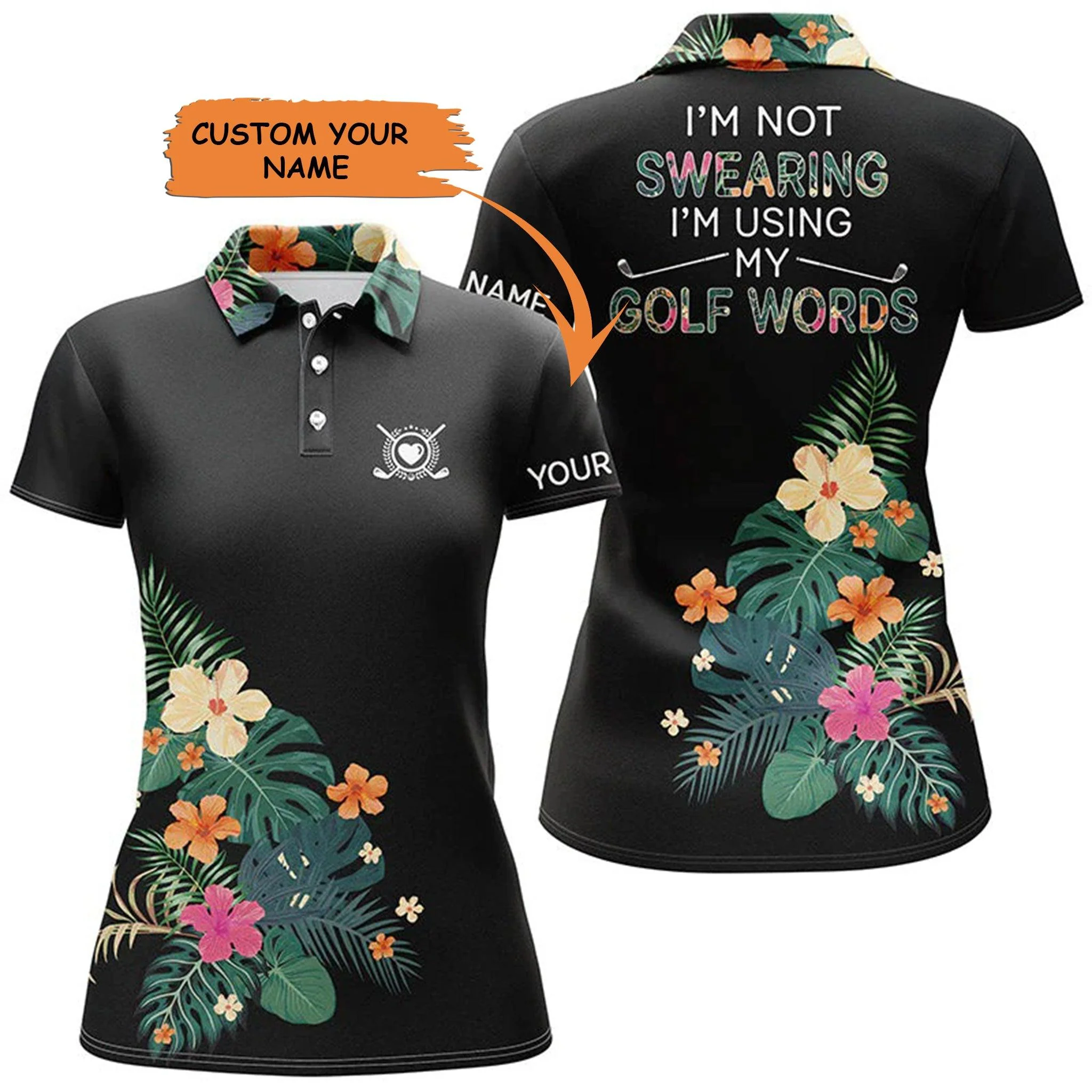 Golf Custom Name Women Polo Shirt, I'm Using My Golf Words Tropical Plants Personalized Women Polo Shirt - Gift For Ladies, Golf Lovers, Golfers