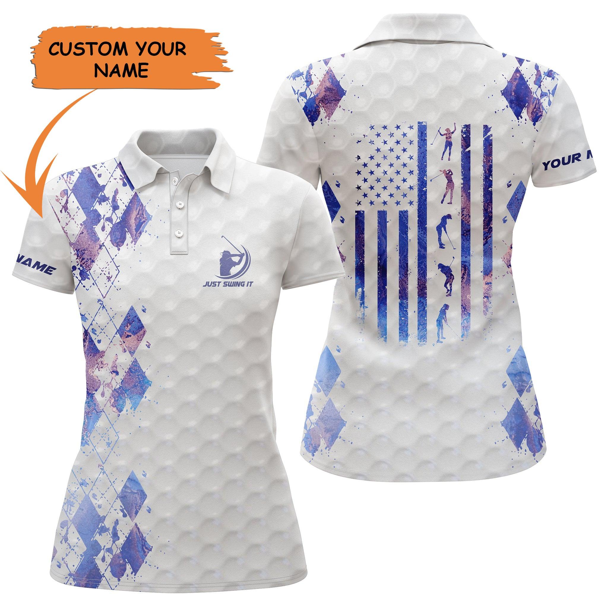 Golf Custom Name Women Polo Shirt, Just Swing It American Flag Galaxy Personalized Women Polo Shirt - Perfect Gift For Ladies, Golf Lovers, Golfers - Image 2