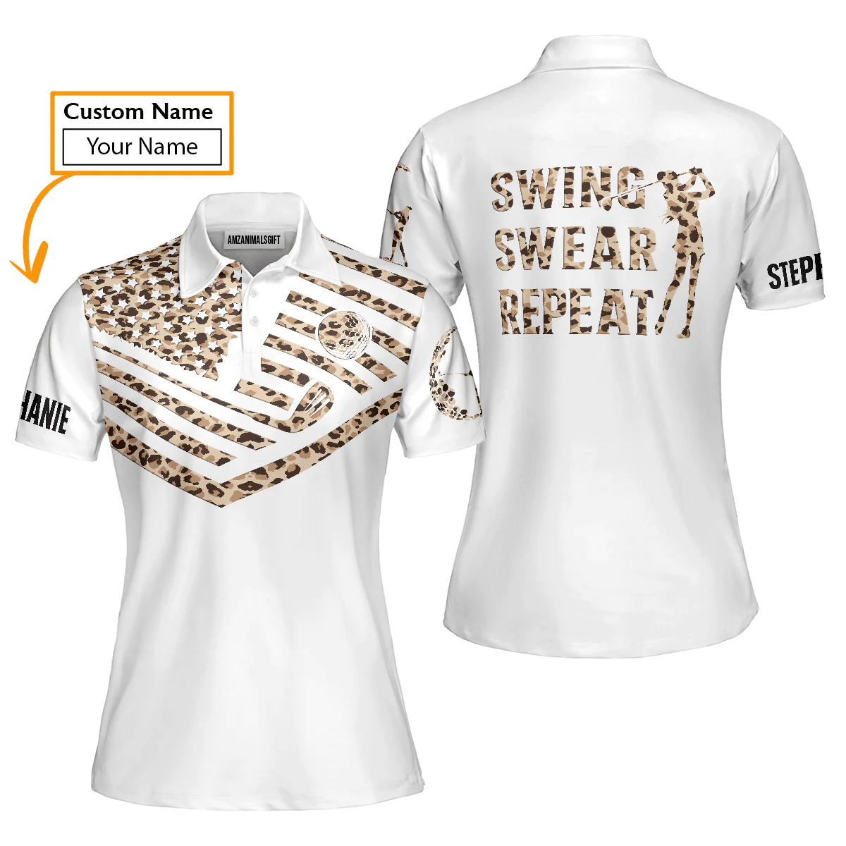 Golf Custom Name Women Polo Shirt, Leopard Pattern American Flag 4th of July Personalized Women Polo Shirts, Gift For Golfers, Swing Swear Repeat