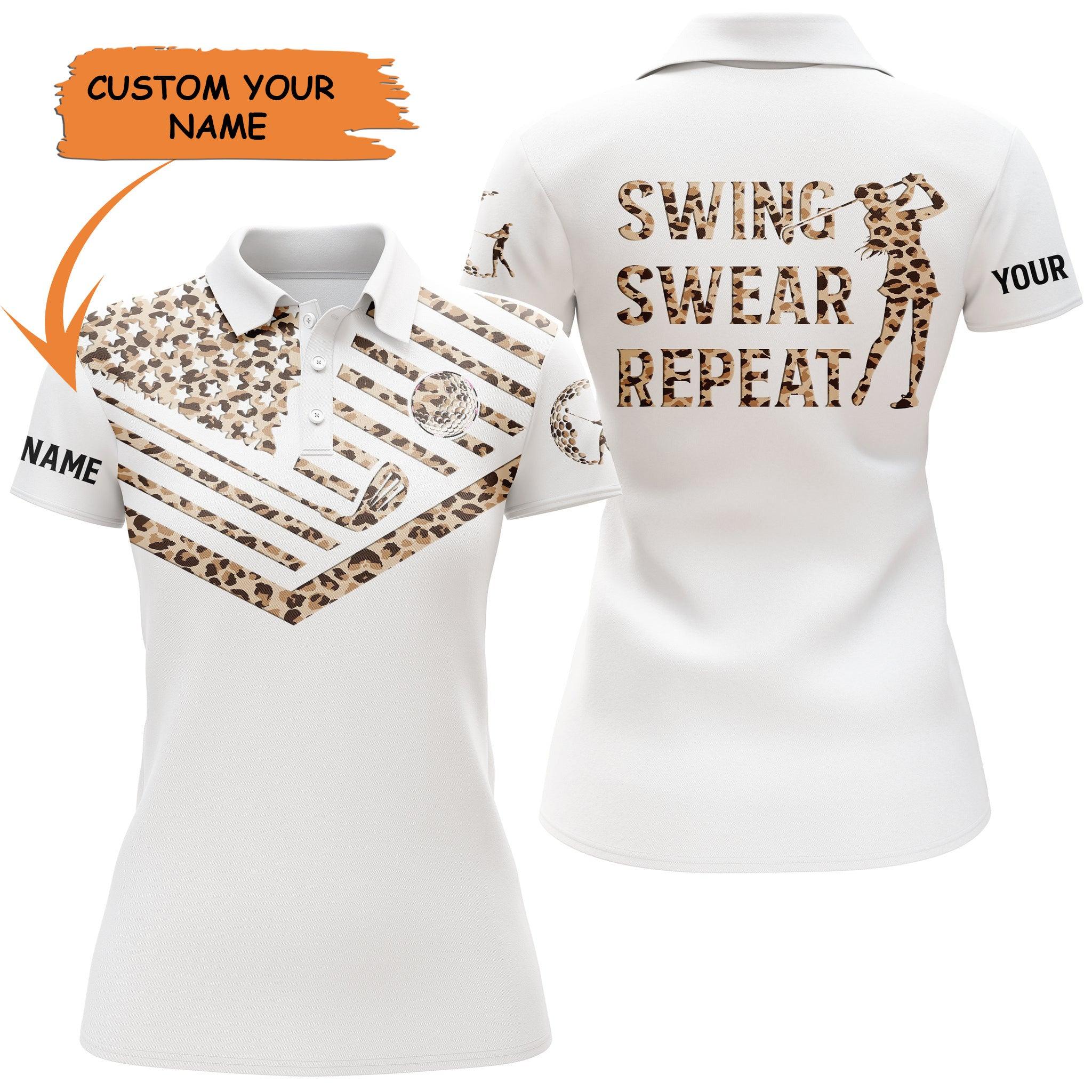 Golf Custom Name Women Polo Shirt, Leopard Pattern American Flag Swing Swear Personalized Women Polo Shirt - Perfect Gift For Golf Lovers, Golfers