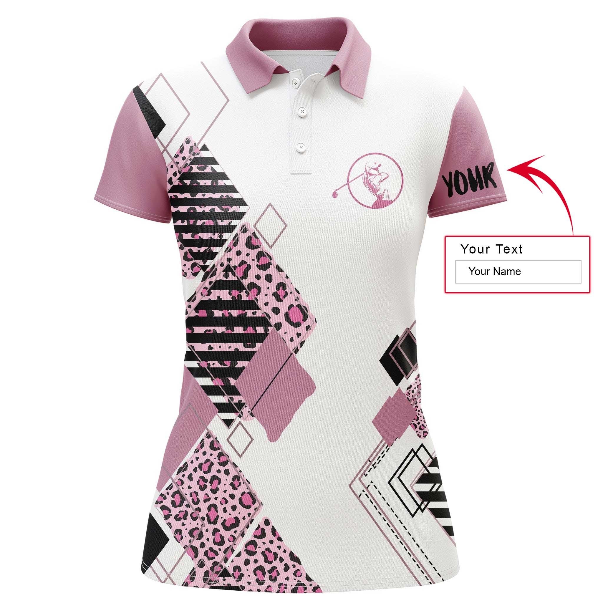 Golf Custom Name Women Polo Shirt, Leopard Pattern Personalized Pink White Women Polo Shirts, Gift For Golfers, Ladies, Golf Sport Lovers