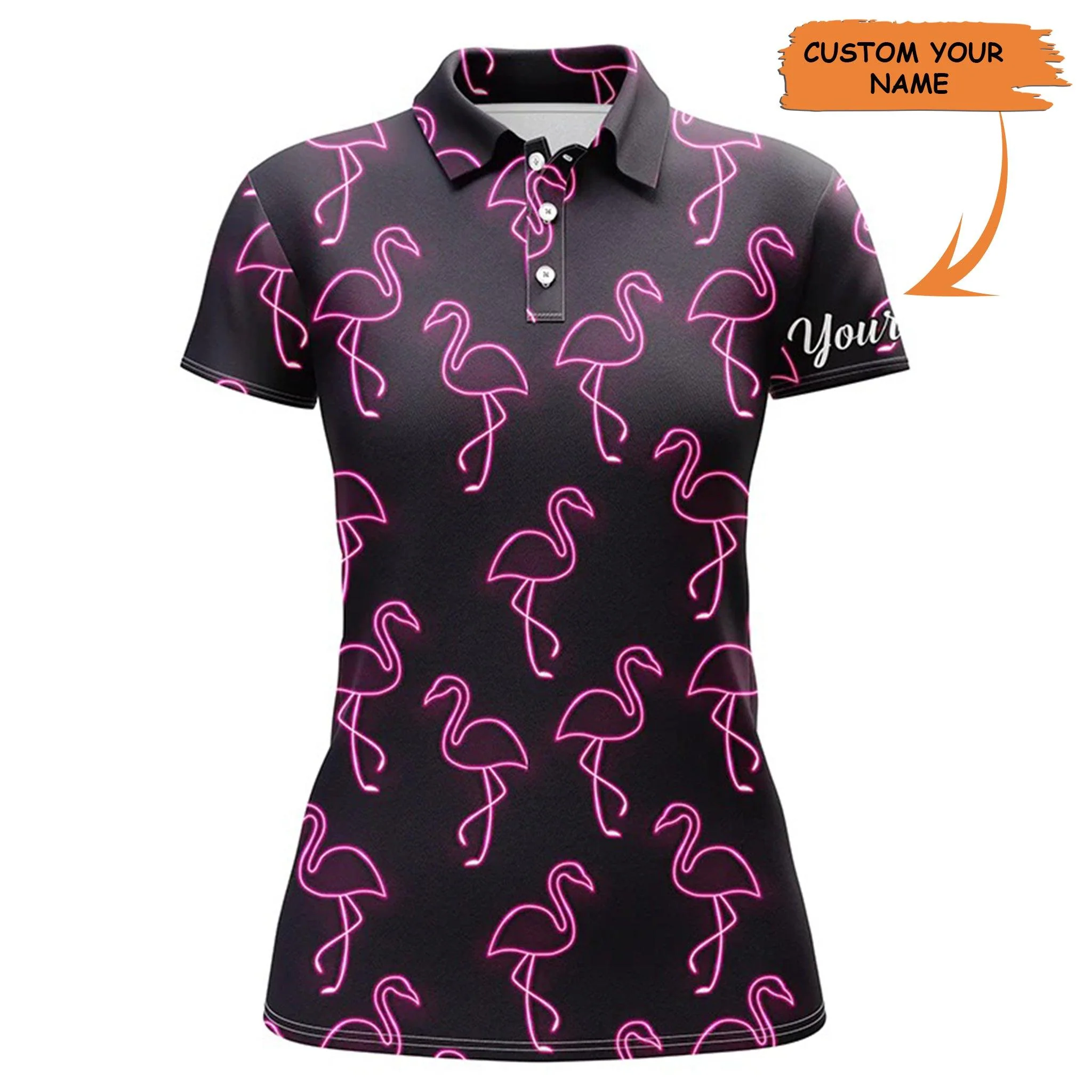 Golf Custom Name Women Polo Shirt, Neon Pink Flamingos Pattern Personalized Women Polo Shirt - Perfect Gift For Ladies, Girls, Golf Lovers, Golfers