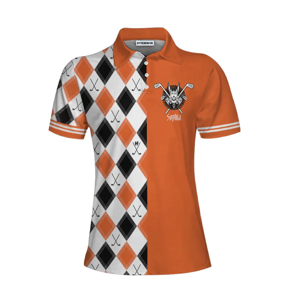 Golf Custom Name Women Polo Shirt, Orange Argyle Pattern Personalized Women Polo Shirts, In A World Full Of Princesses Be A Valkyrie & A Golfer - Image 3