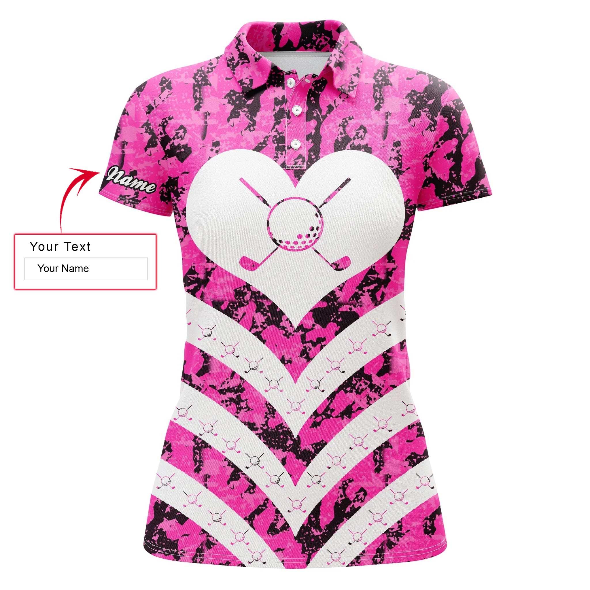 Golf Custom Name Women Polo Shirt, Pink Camo Personalized Women Polo Shirts, I Love Golf, Golfers Gift For Ladies, Golf Lovers