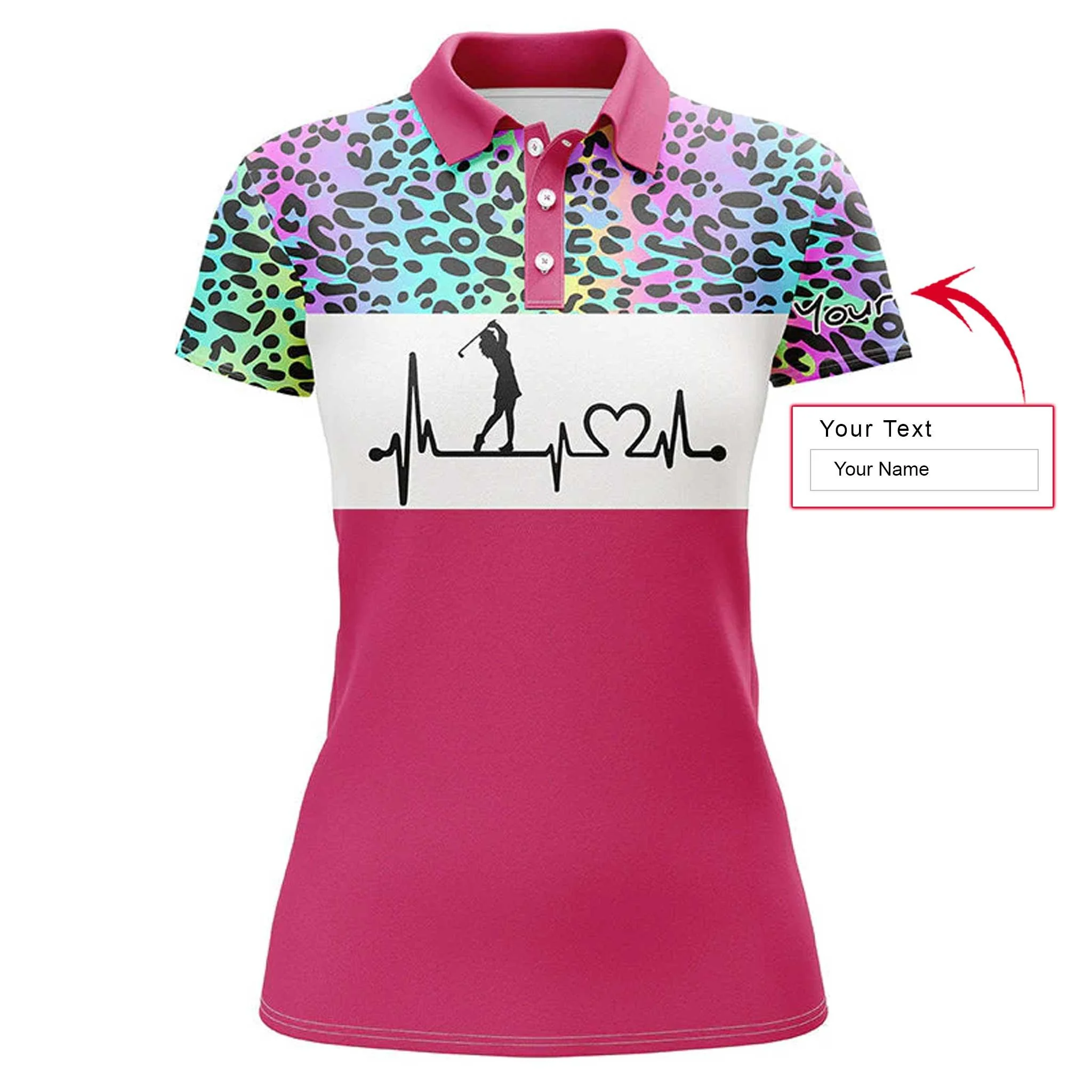 Golf Custom Name Women Polo Shirt, Rainbow Gradient Leopard Heartbeat Personalized Women Polo Shirts, Golfing Gift For Ladies, Golfers, Golf Lovers - Image 4