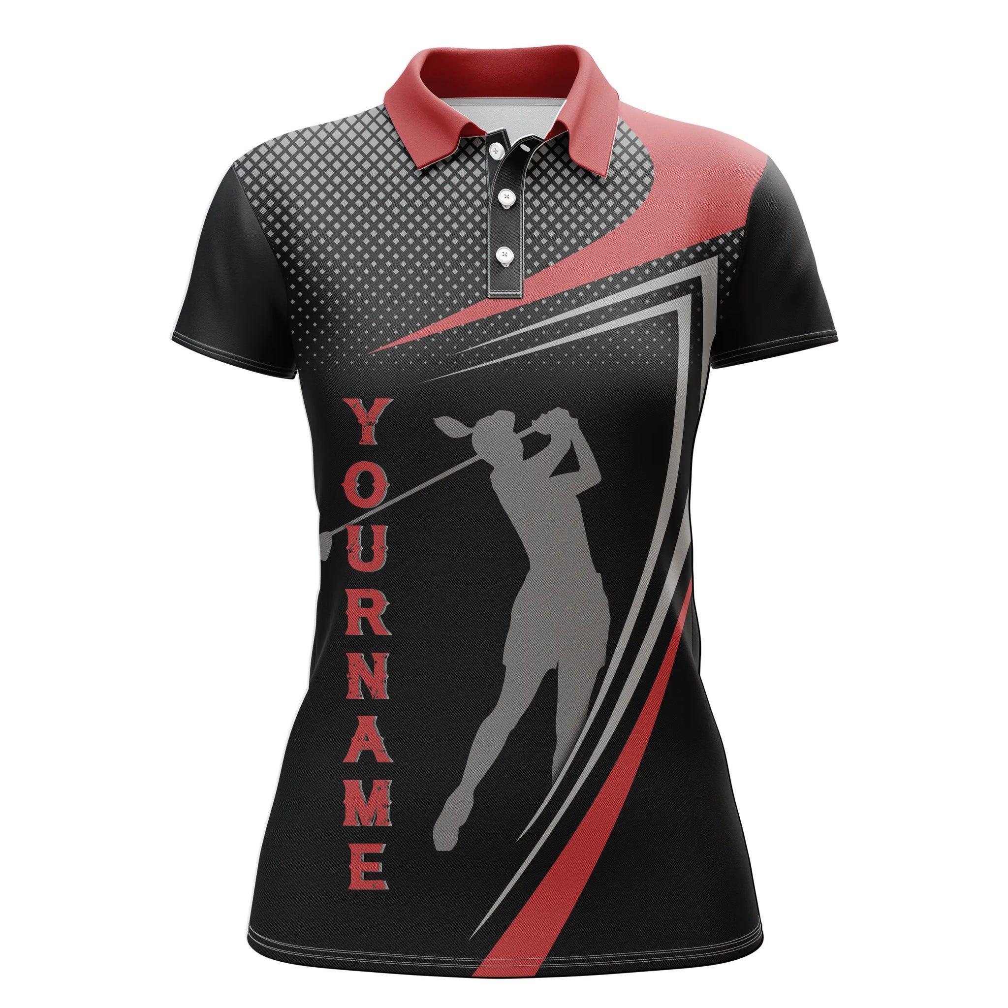 Golf Custom Name Women Polo Shirt, Red And Black Sports Golf Golfer Silhouette Personalized Women Polo Shirts, Gift For Ladies, Golfers, Golf Lovers - Image 2