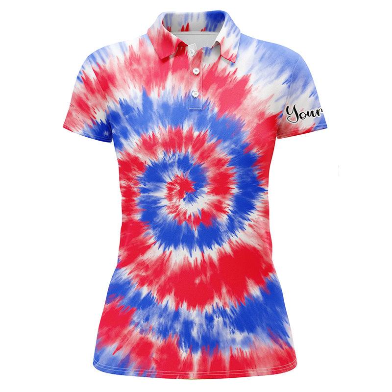 Golf Custom Name Women Polo Shirt, Red And Blue Tie Dye Background Personalized Women Polo Shirts, Golf Tops, Gift For Ladies, Golf Lovers, Golfers - Image 2