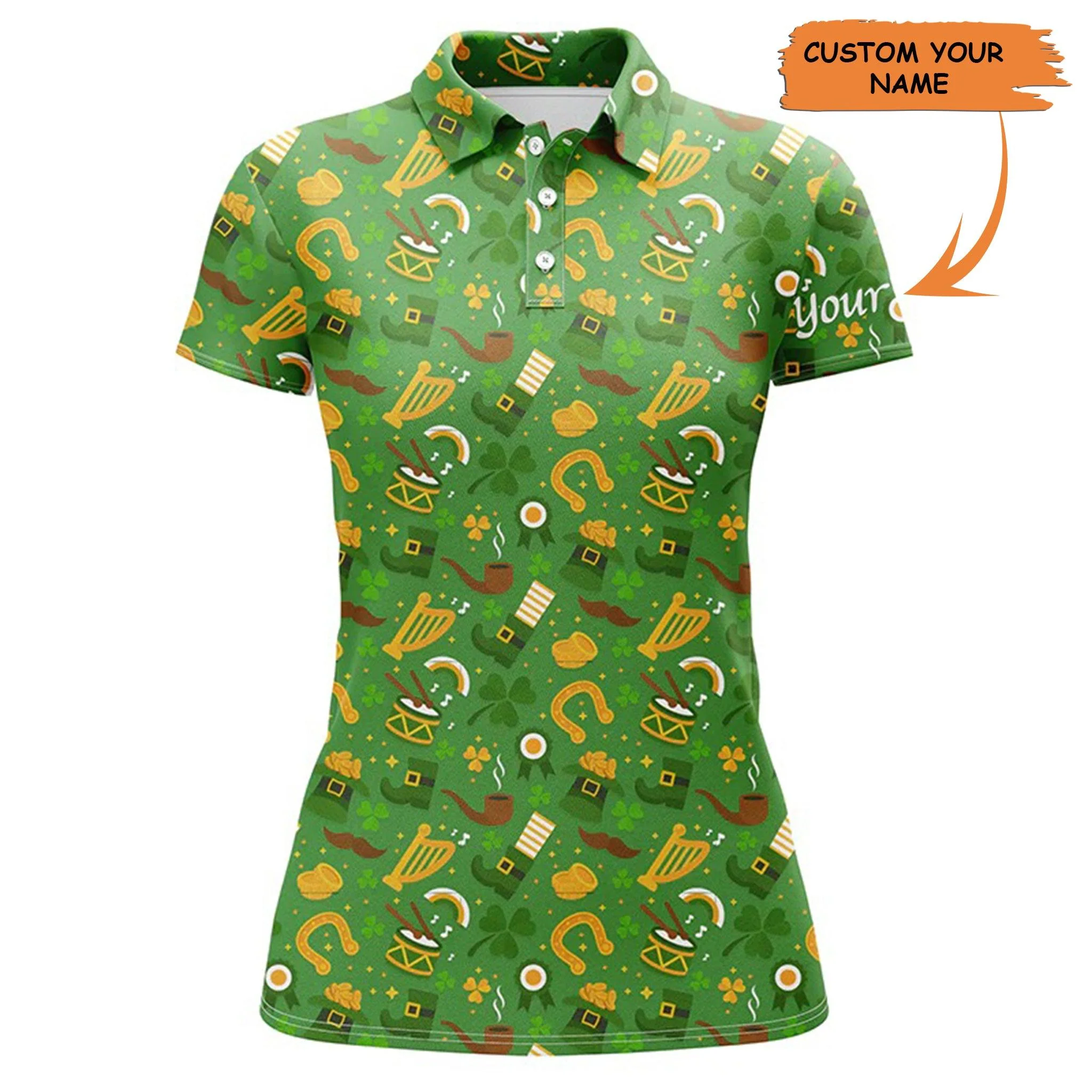Custom Name Women Polo Shirt, Saint Patrick's Day Green Pattern Personalized Women Polo Shirt - Perfect Gift For Ladies, Golf Lovers, Golfers