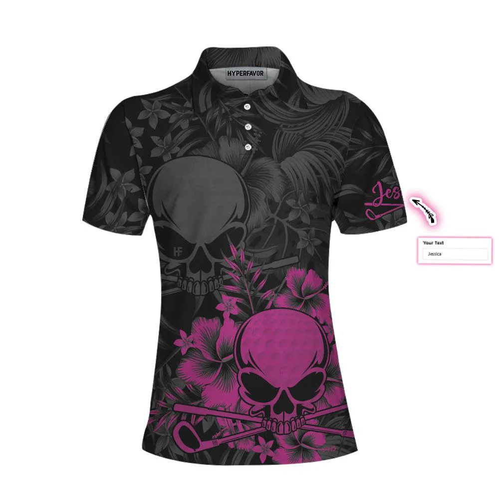 Golf Custom Name Women Polo Shirt, Skull Girl Flower Pattern Personalized Women Polo Shirts, Gift For Ladies, Golfers, Golf Lovers - Image 3