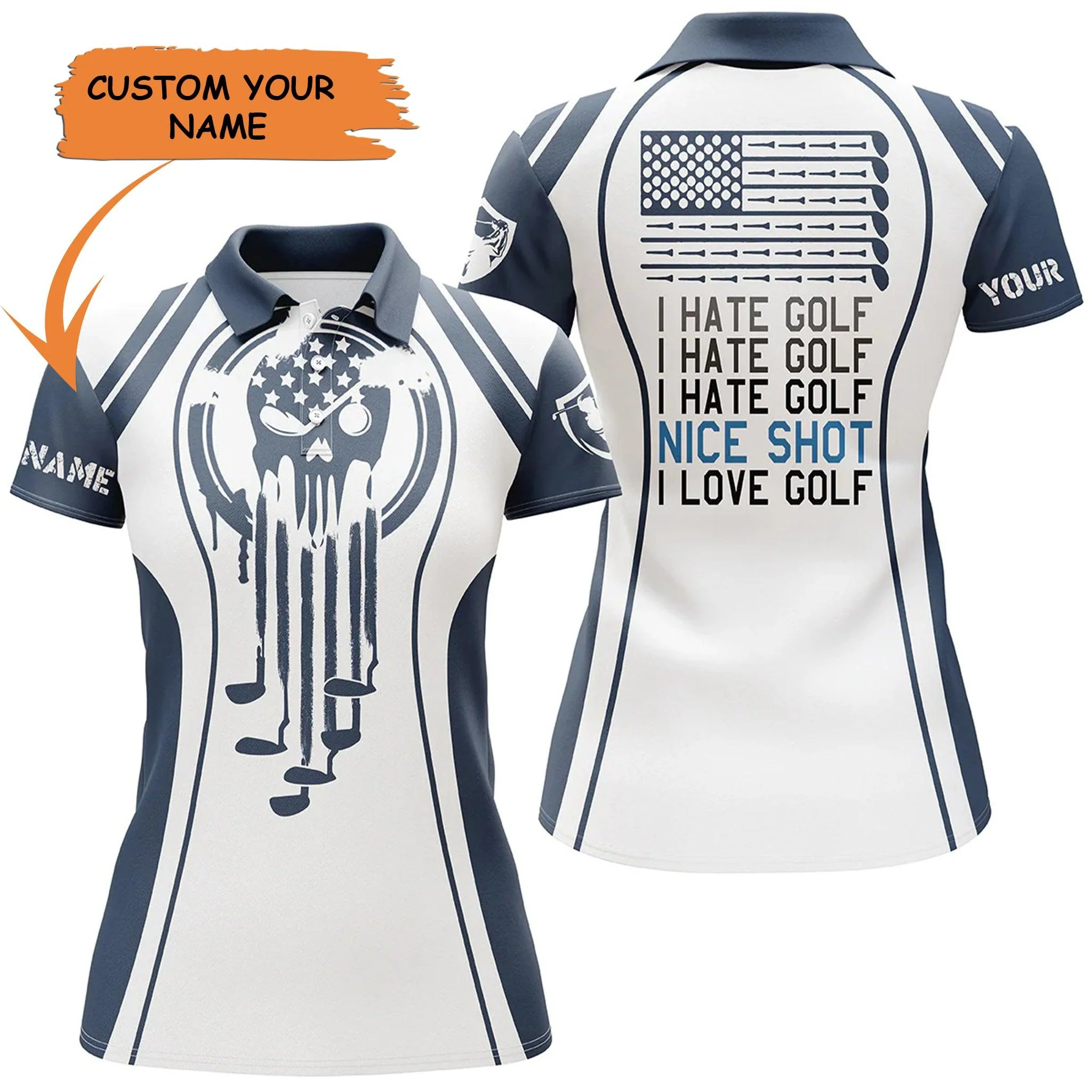 Golf Custom Name Women Polo Shirt, Skull I Hate Golf Nice Shot I Love Golf Personalized Women Polo Shirt, Perfect Gift For Ladies, Golf Lovers, Golfer