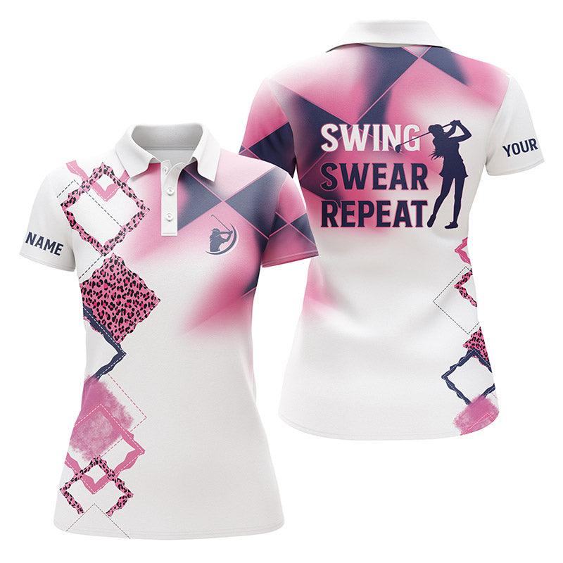 Golf Custom Name Women Polo Shirt, Swing Swear Repeat, Pink Leopard White Personalized Women Polo Shirts, Gift For Ladies, Golfers, Golf Lovers - Image 2