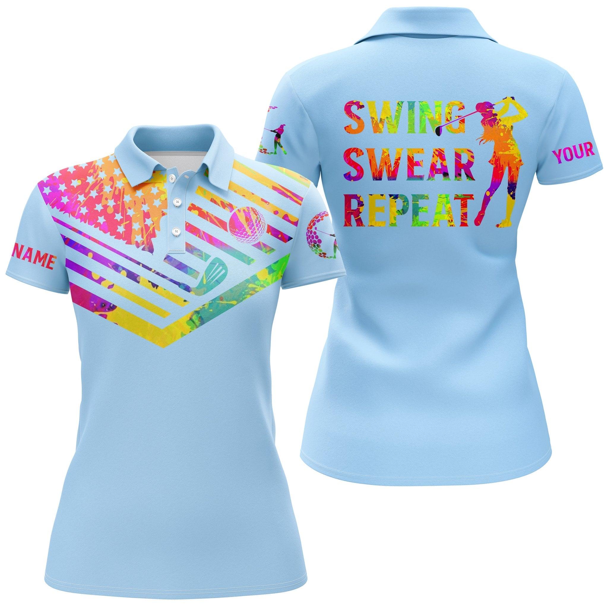 Golf Custom Name Women Polo Shirt, Swing Swear Repeat, Watercolor American Flag Light Blue Personalized Women Polo Shirts, Gift For Golf Lover, Golfer - Image 2