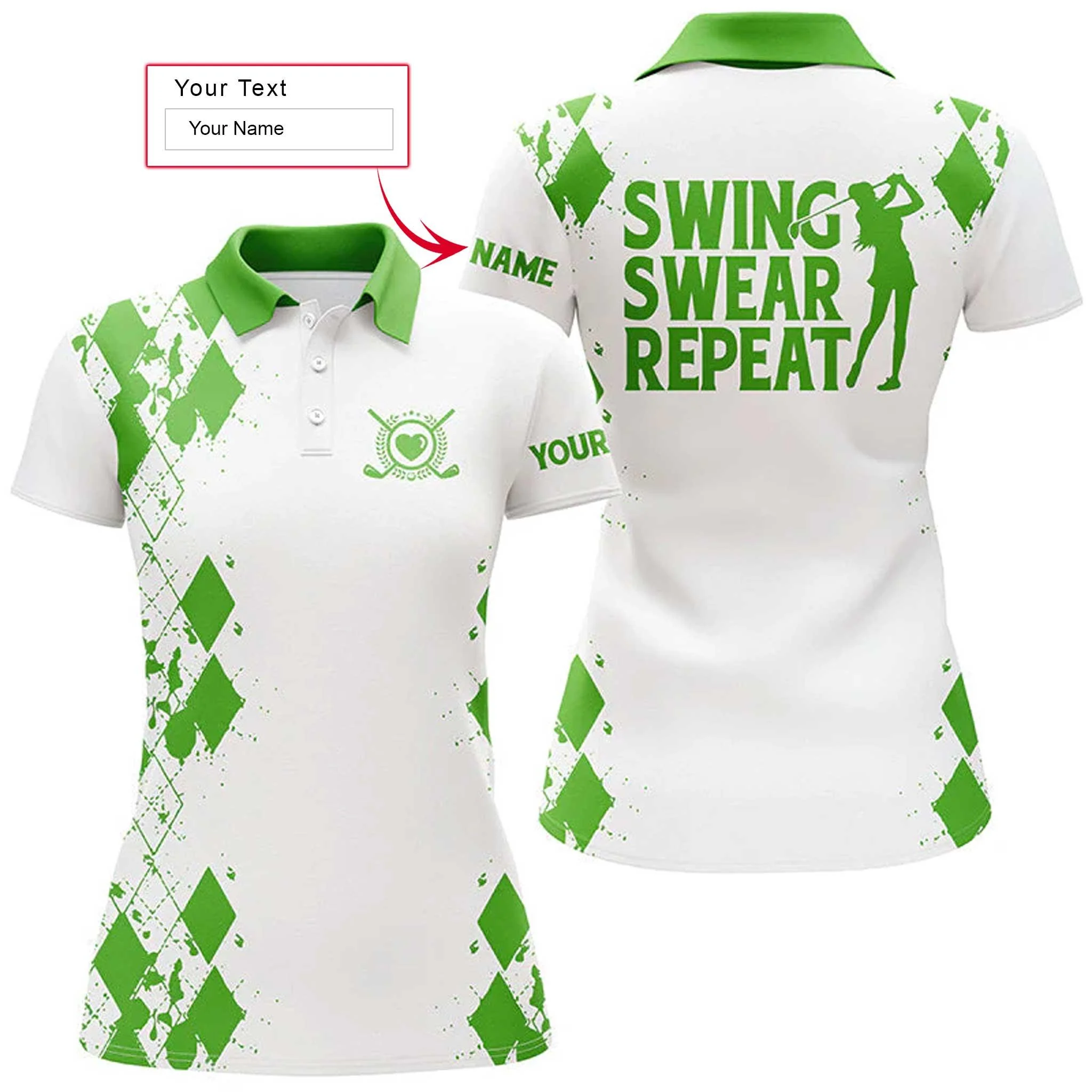 Golf Custom Name Women Polo Shirt, Swing Swear Repeat White Green Golfing Personalized Women Polo Shirts, Gift For Ladies, Golf Lovers, Golfers