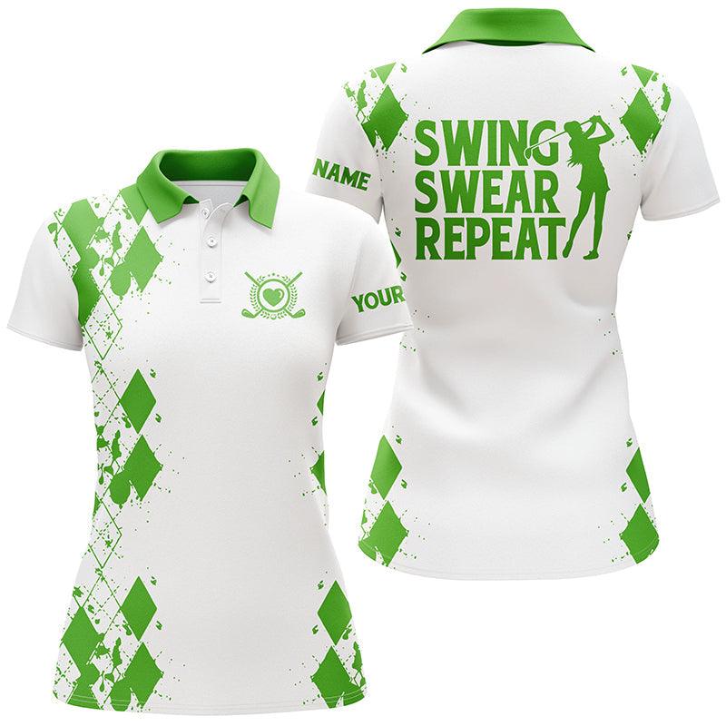 Golf Custom Name Women Polo Shirt, Swing Swear Repeat White Green Golfing Personalized Women Polo Shirts, Gift For Ladies, Golf Lovers, Golfers - Image 2