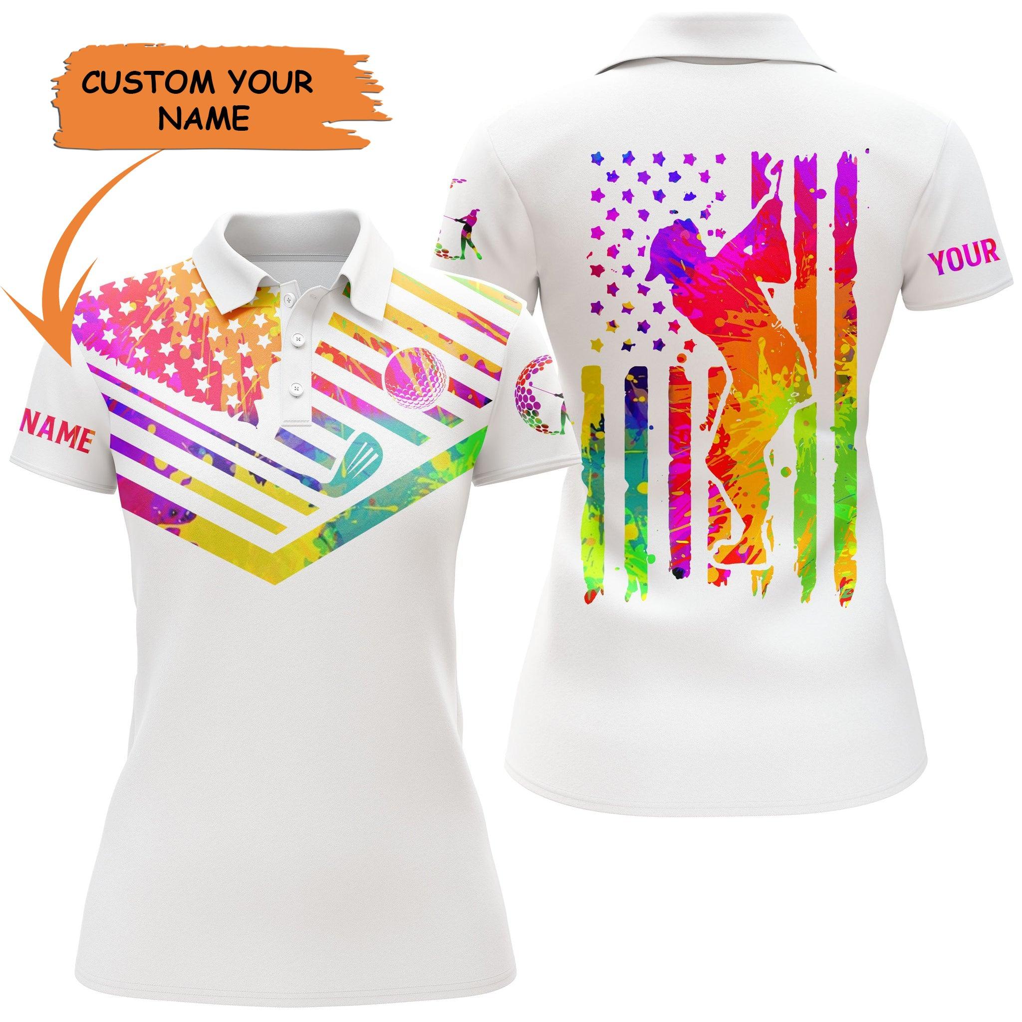 Golf Custom Name Women Polo Shirt, Watercolor American Flag Personalized Women Polo Shirt - Perfect Gift For Ladies, Golf Lovers, Golfers