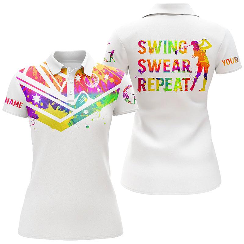 Golf Custom Name Women Polo Shirt, Watercolor Australia Flag, Swing Swear Repeat White Personalized Women Polo Shirts, Gift For Golf Lovers, Golfers - Image 2