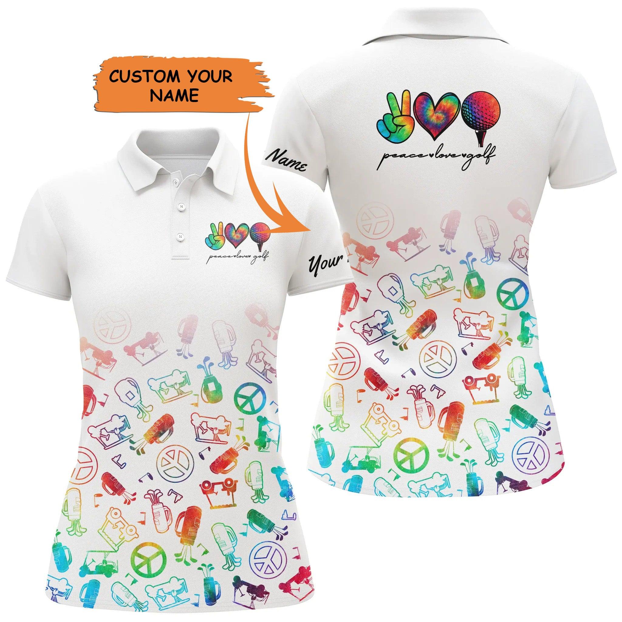 Golf Custom Name Women Polo Shirt, Watercolor Golf Equipment Peace Love Golf Personalized Women Polo Shirt - Perfect Gift For Golf Lovers, Golfers