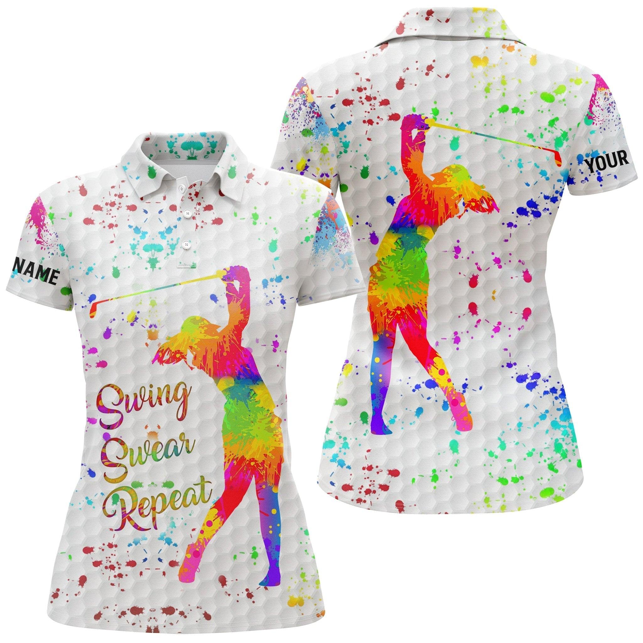 Golf Custom Name Women Polo Shirt, Watercolor Swing Swear Repeat Personalized Women Polo Shirts, Golfing Gift For Ladies, Golf Lovers, Female Golfers - Image 2