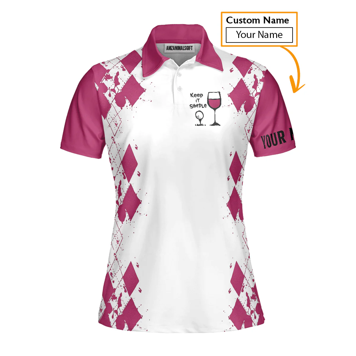 Golf Custom Name Women Polo Shirt, White Pink Keep It Simple Golf & Wine Personalized Women Polo Shirts, Best Gift For Ladies, Golfers, Golf Lovers - Image 2