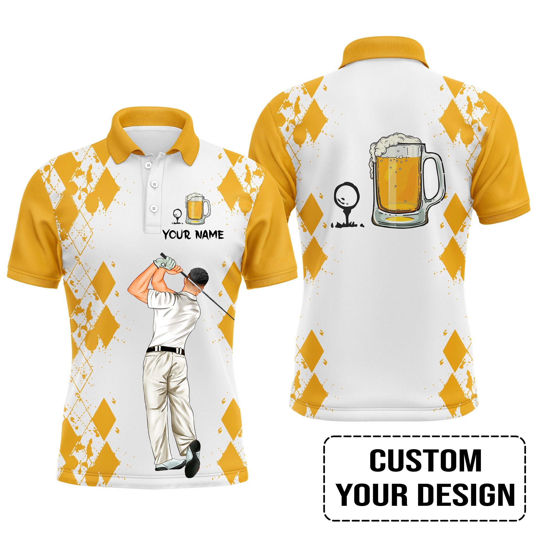 Golf Custom Polo Shirt, Argyle Pattern Beer Golf Personalized Golf Polo Shirt - Image 2