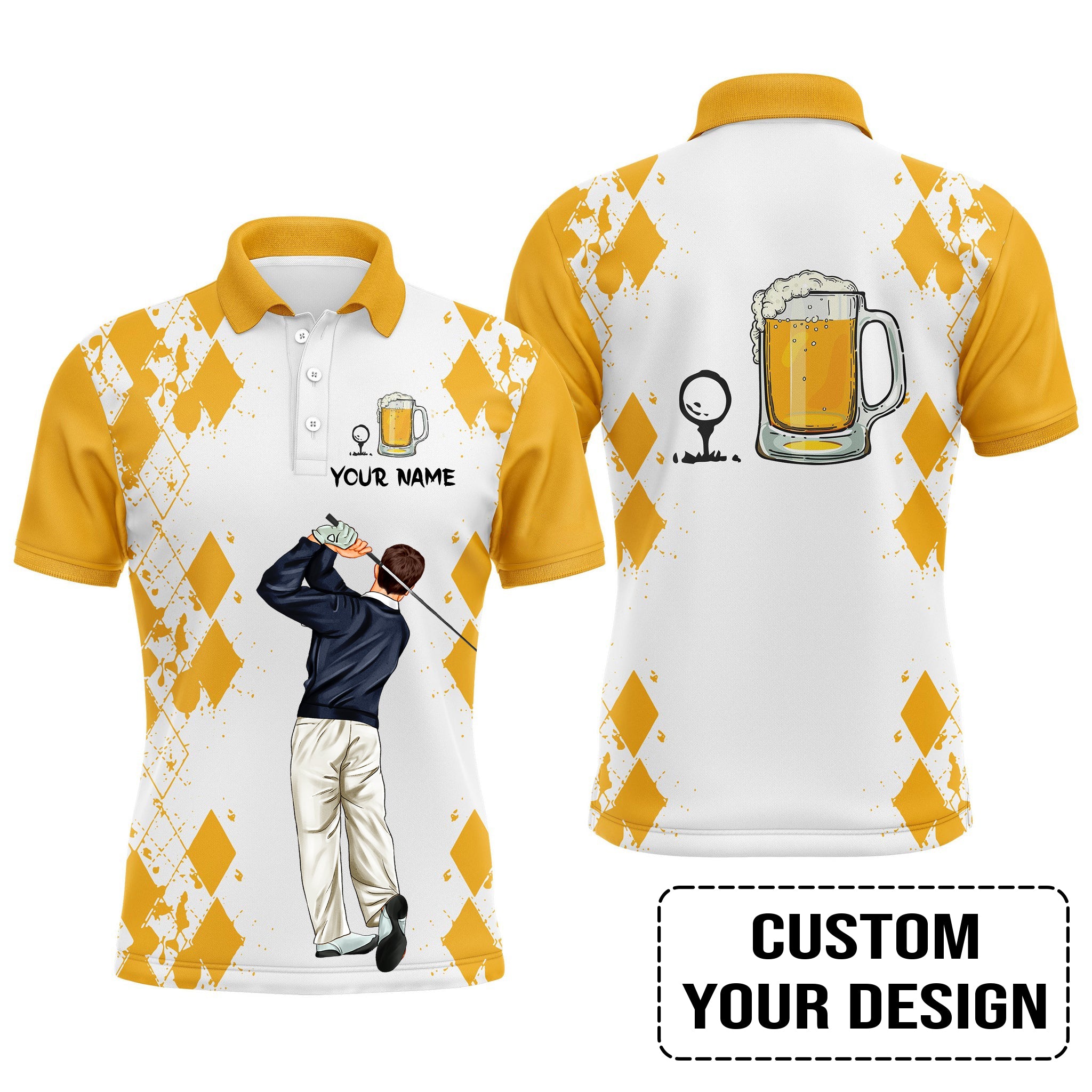 Golf Custom Polo Shirt, Argyle Pattern Beer Golf Personalized Golf Polo Shirt - Image 3