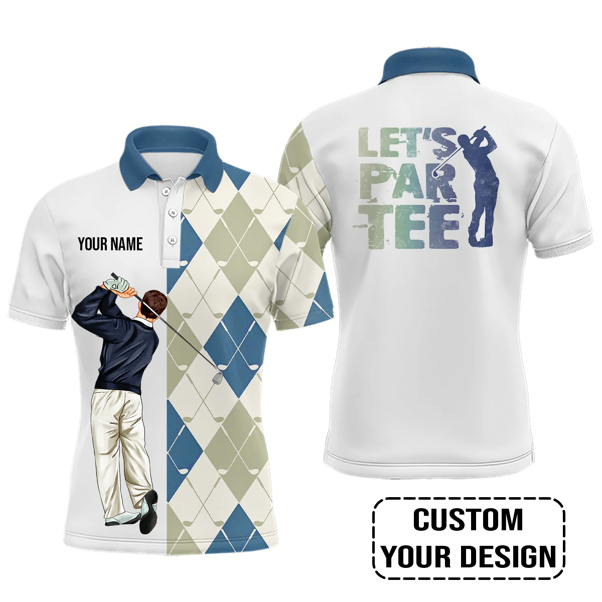 Golf Custom Polo Shirt, Argyle Pattern Golf Clubs, Let's par tee Personalized Golf Polo Shirt - Image 2