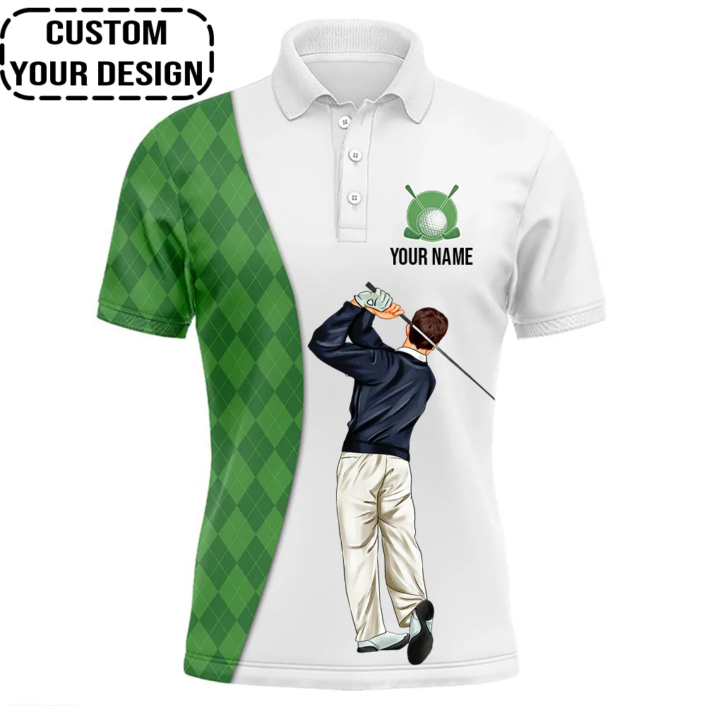 Golf Custom Polo Shirt, Argyle Pattern Green Golf Personalized Golf Polo Shirt - Image 2