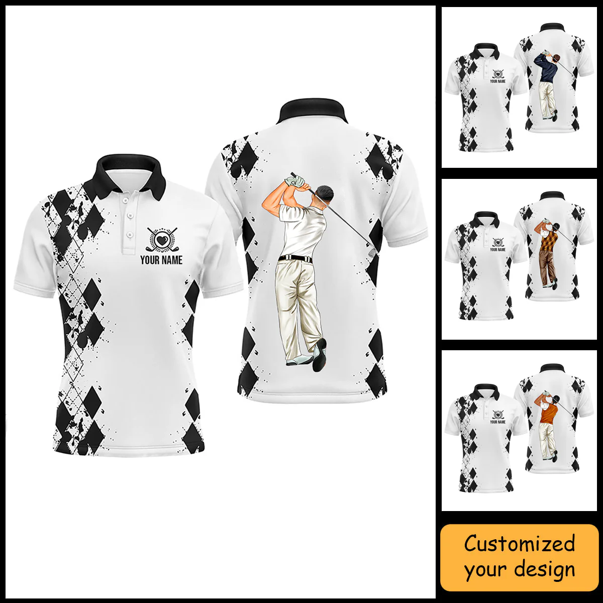 Golf Custom Polo Shirt, Black White Personalized Golf Polo Shirt