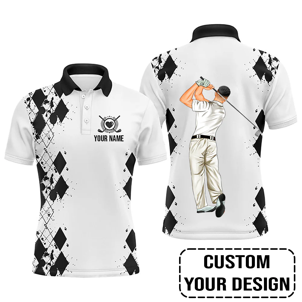 Golf Custom Polo Shirt, Black White Personalized Golf Polo Shirt - Image 5