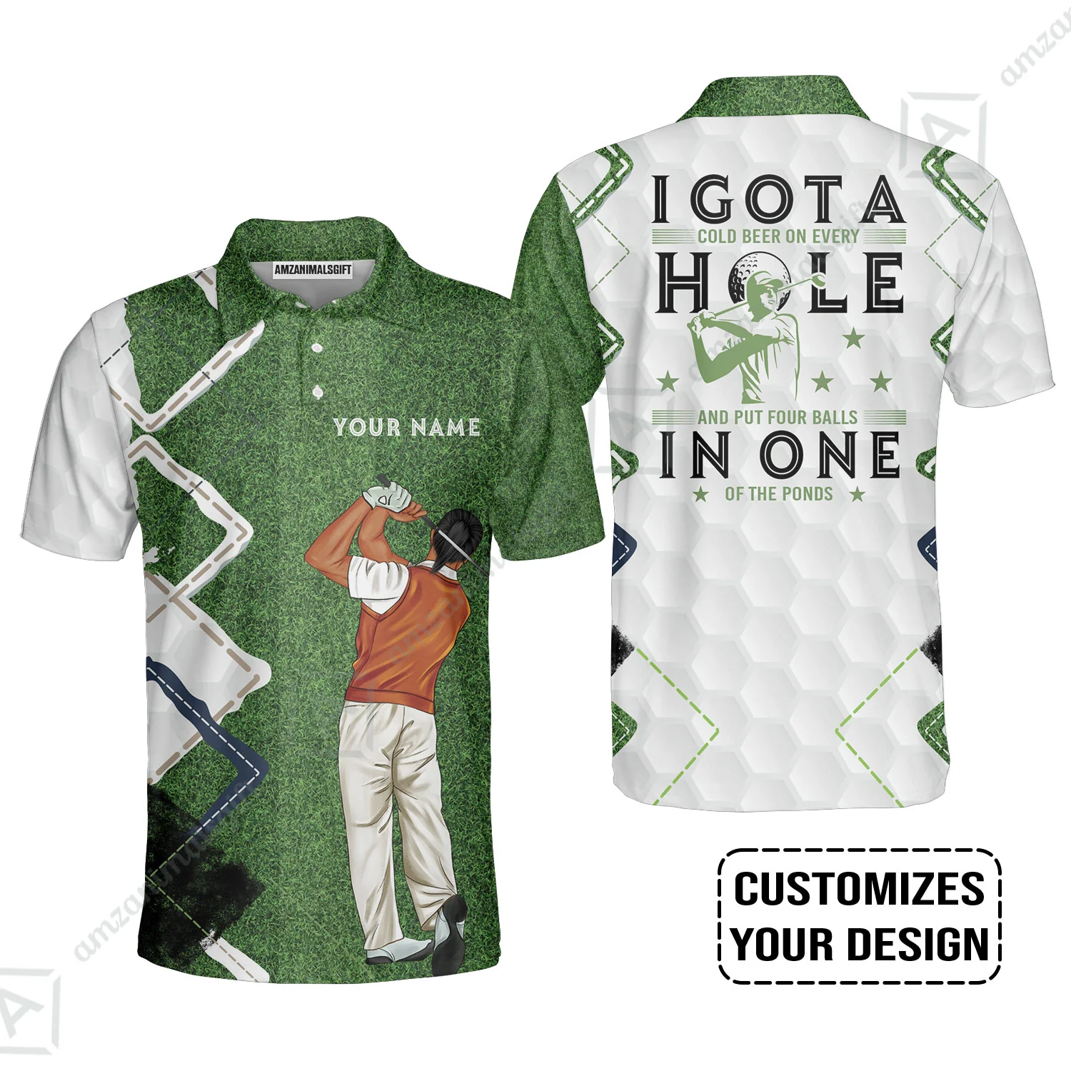 Golf Custom Polo Shirt, Green Argyle Golf Men Polo Shirt, I Got A Cold Beer On Every Hole In One Golf Personalized Polo Shirts - Image 4