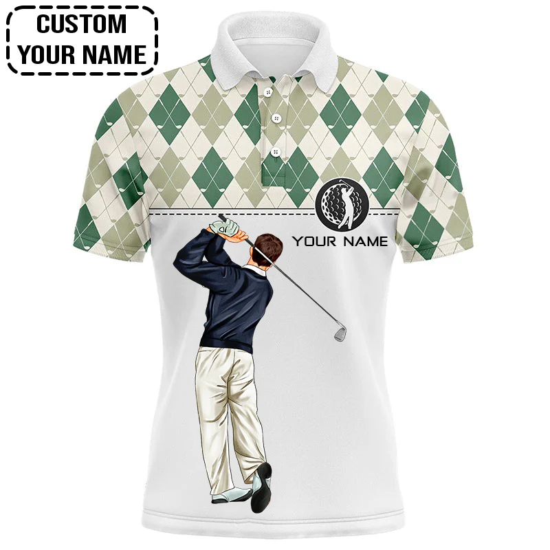Golf Custom Polo Shirt, Green Argyle Pattern Golf Personalized Golf Polo Shirt - Image 2