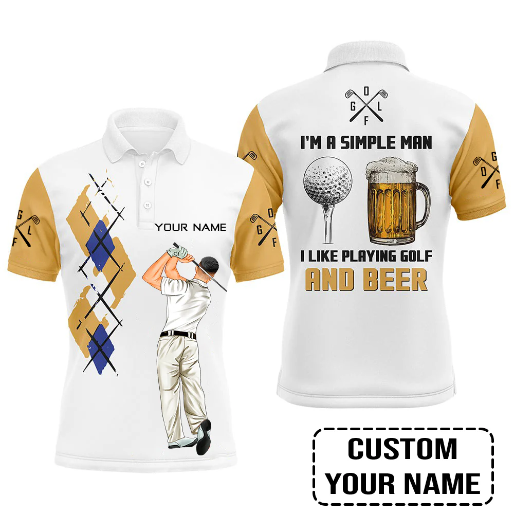 Golf Custom Polo Shirt, I'm A Simple Man Beer Argyle Pattern Personalized Golf Polo Shirt - Image 3