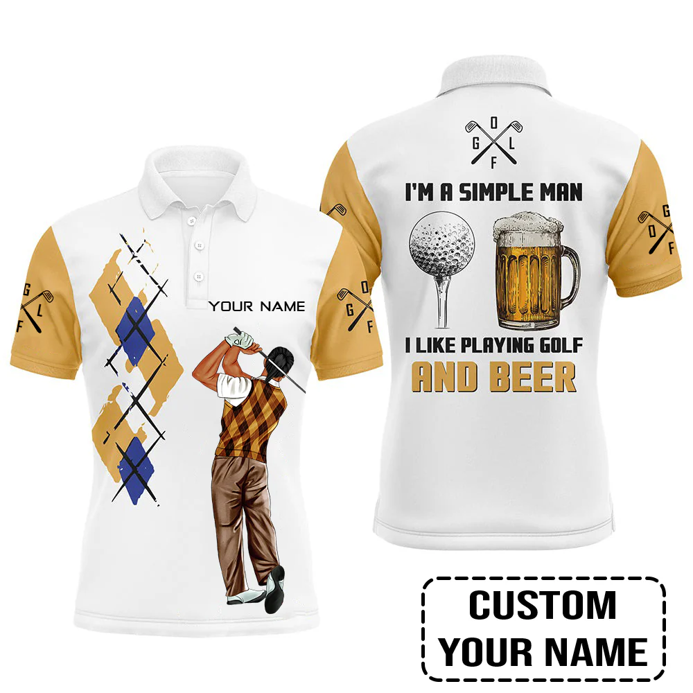 Golf Custom Polo Shirt, I'm A Simple Man Beer Argyle Pattern Personalized Golf Polo Shirt - Image 4